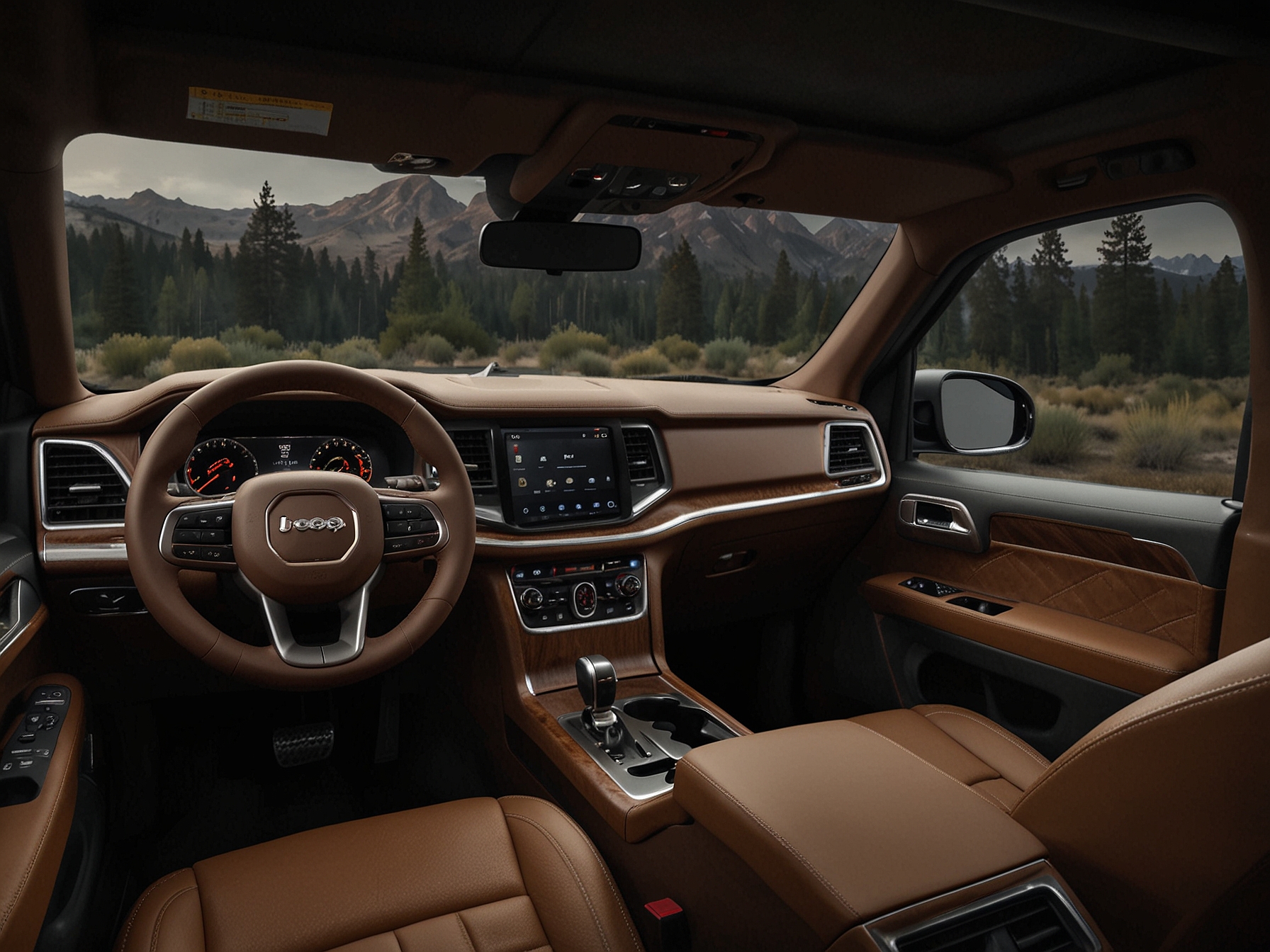 The interior of the 2024 Jeep Wagoneer S is shown, highlighting luxurious materials and advanced infotainment systems. The cabin reflects Jeep's blend of comfort, technology, and high-end craftsmanship.