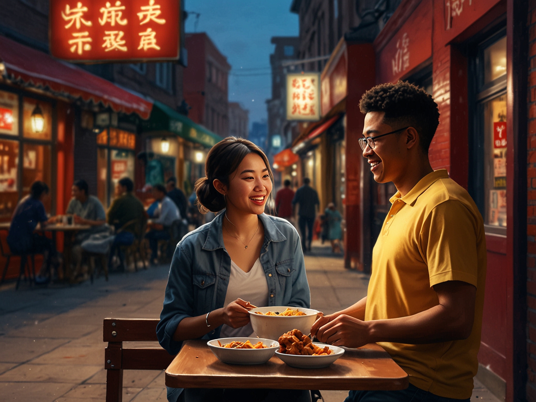 Yani Macute and her cousin savoring dishes like Sweet and Sour Chicken, Egg Fried Rice, and Dumplings at a popular Chinese takeout spot in Leeds, with vibrant street scenes in the background.
