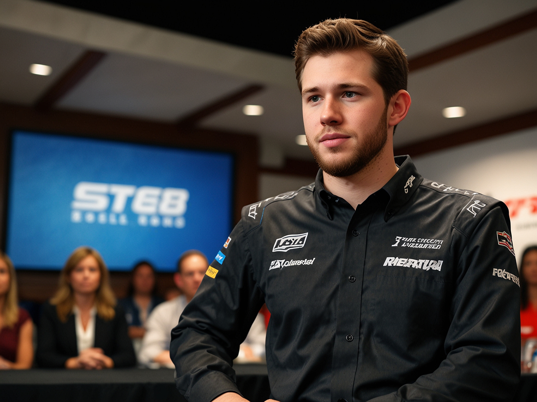 Chase Briscoe speaks at a press conference, emphasizing his commitment to Stewart-Haas Racing amid growing speculation about a potential switch to Joe Gibbs Racing.