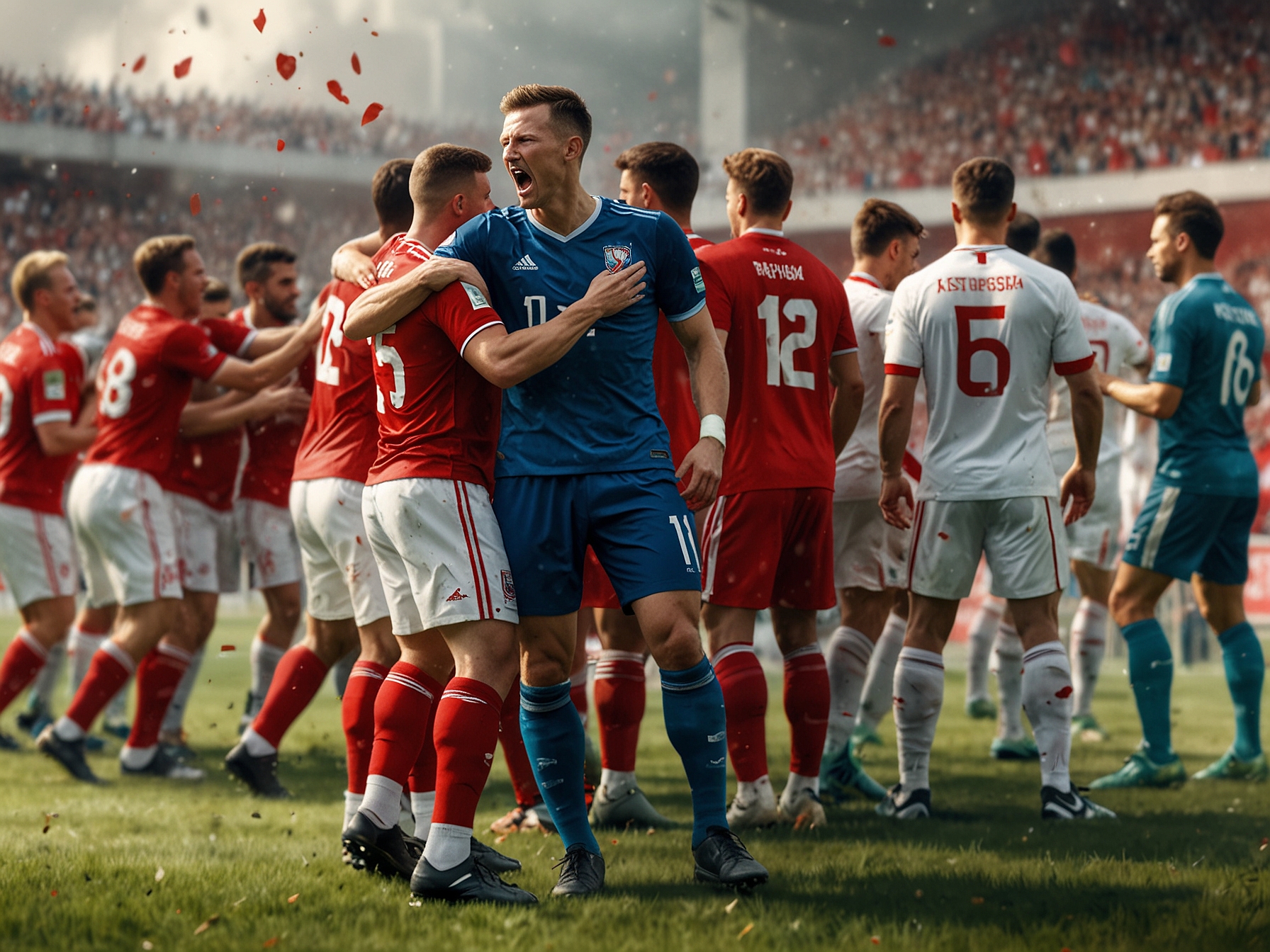 An image showcasing a tense football match between Poland and Austria, highlighting both teams' intense rivalry and skillful players, set against a backdrop of a roaring crowd.