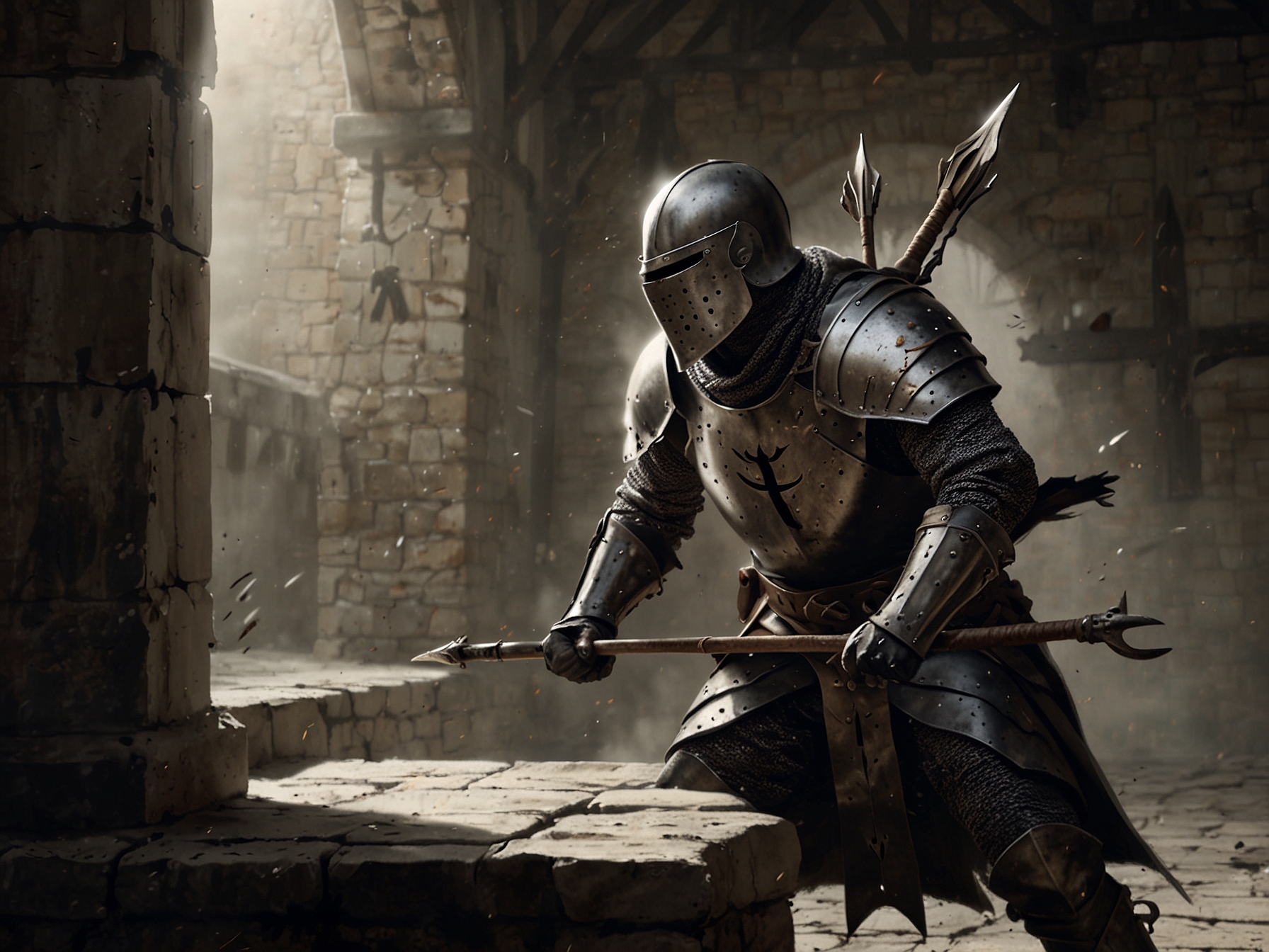 A detailed depiction of the Blackgaol Knight in mid-battle, showcasing his crossbow attack and the recommended diagonal sprint towards him to effectively dodge his fire bolts.