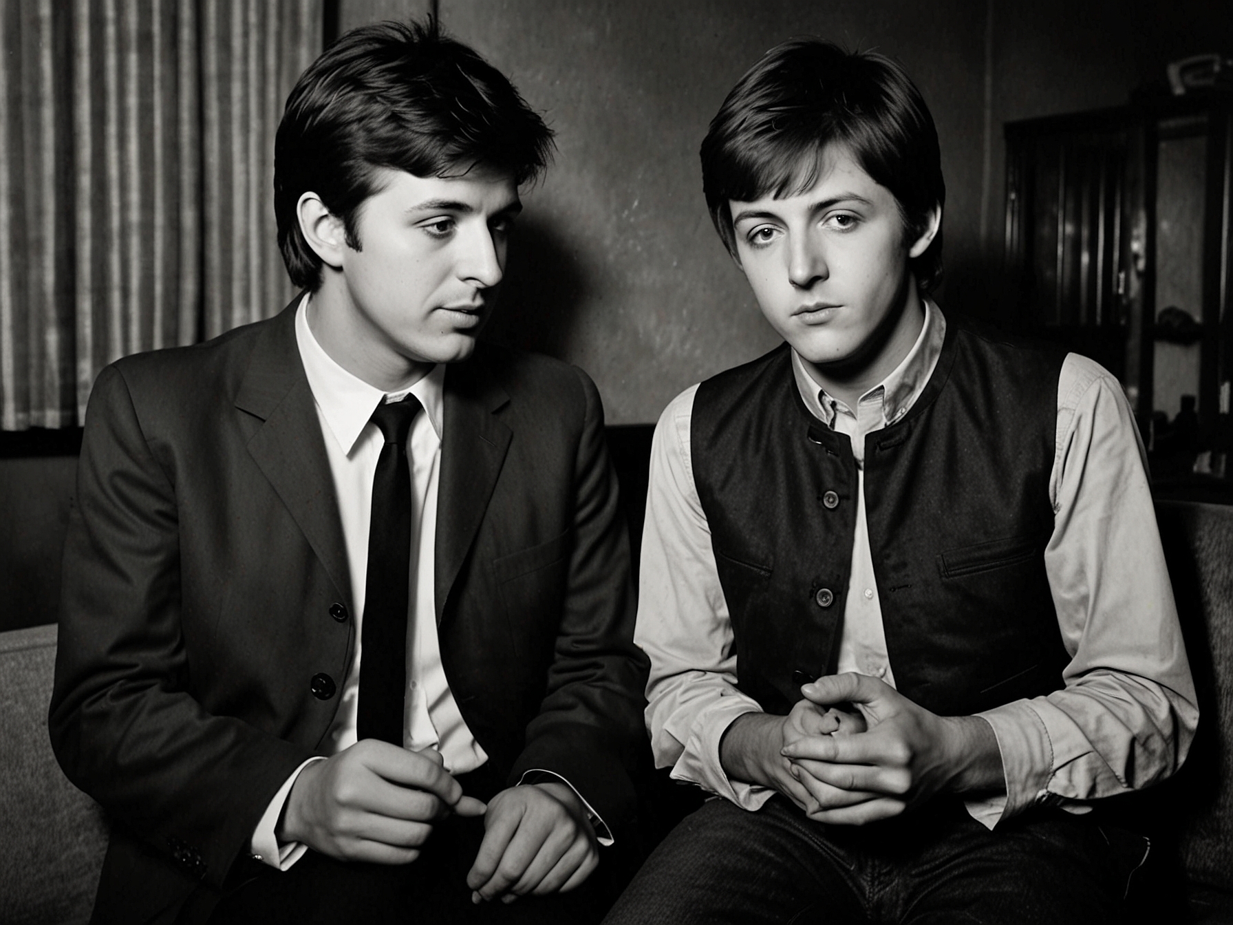 An old black-and-white photo of Pete Best and Paul McCartney during their early days in the Beatles, capturing a moment of camaraderie among the young, aspiring musicians.