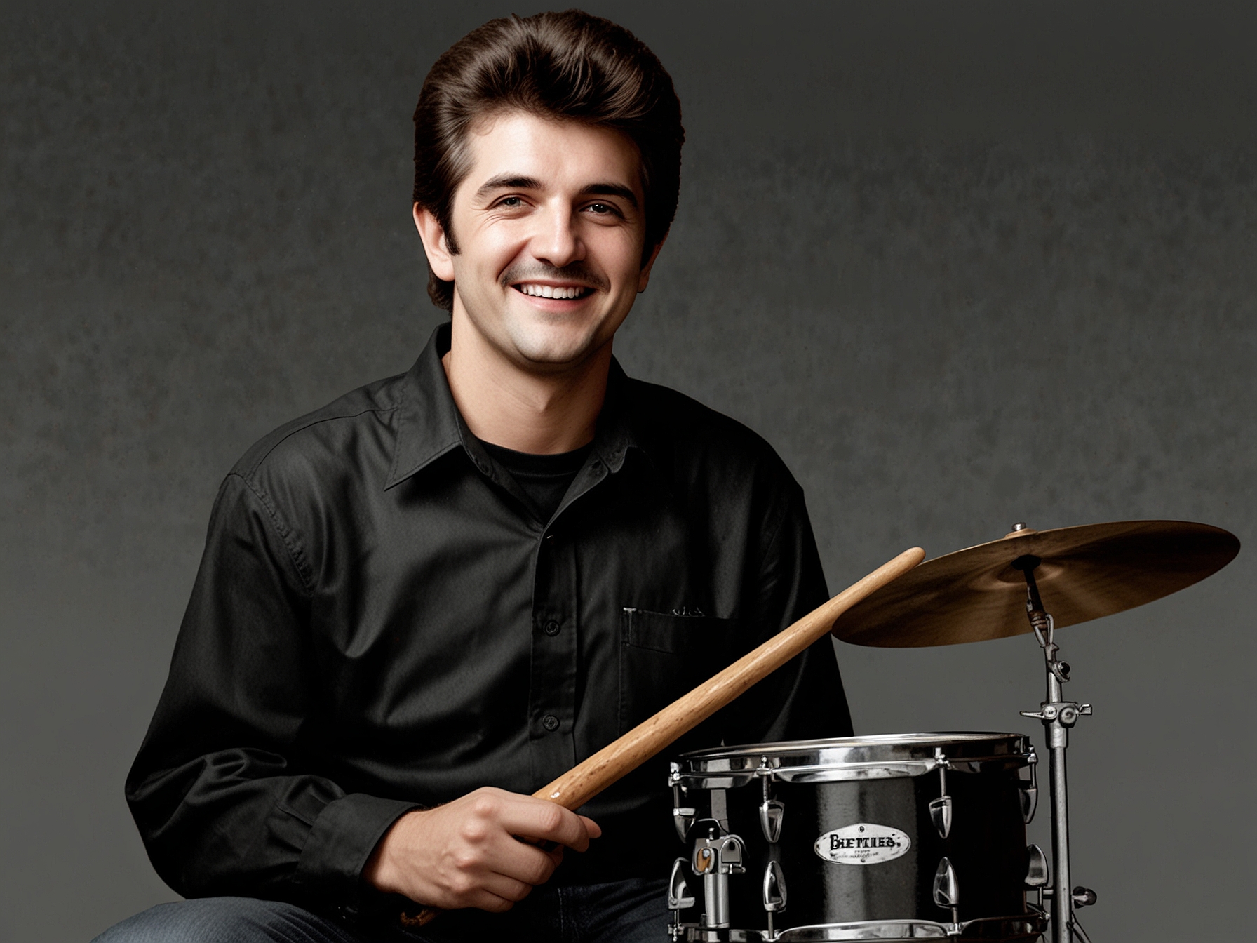 A current-day image of Pete Best, smiling warmly as he holds a vintage Beatles drumstick, juxtaposed against a backdrop featuring an iconic Beatles album cover.