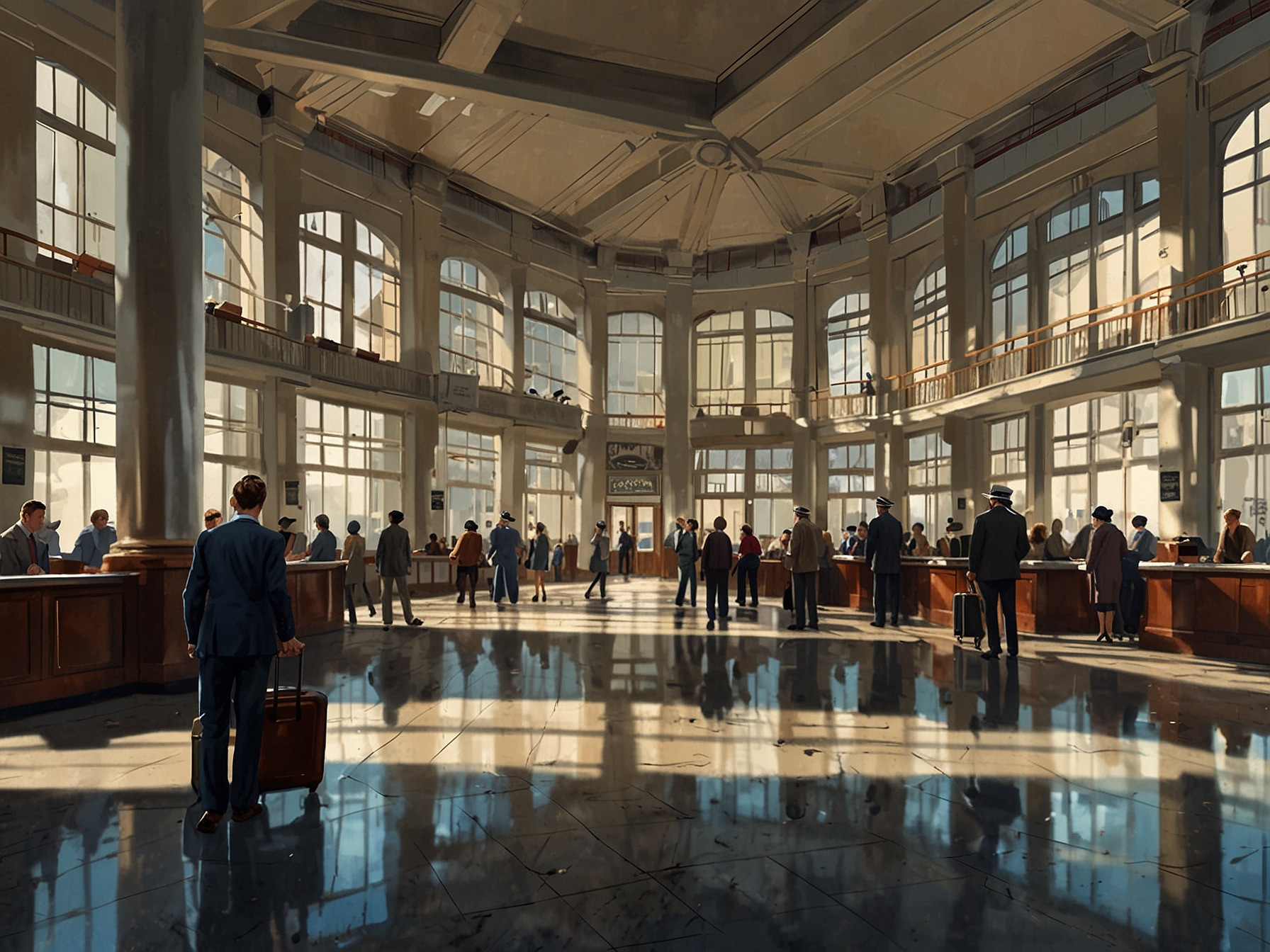 A guided tour group exploring the well-preserved Art Deco architecture of Croydon Airport's main terminal building, offering a glimpse into early 20th-century air travel opulence.