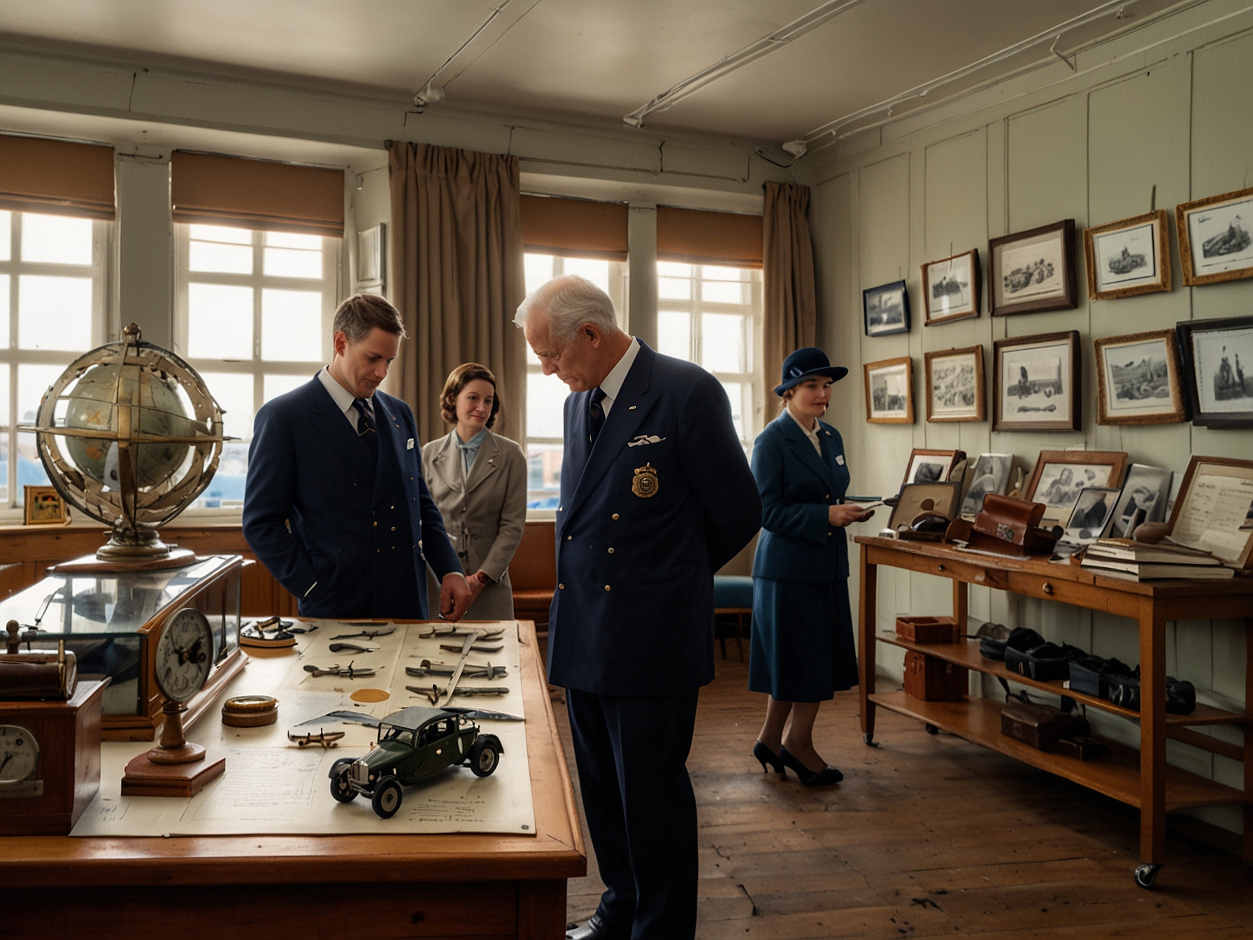 Visitors examining vintage aviation artifacts in Croydon Airport's small museum, featuring items like old pilot uniforms, airline tickets, and aircraft components, curated by aviation enthusiasts.