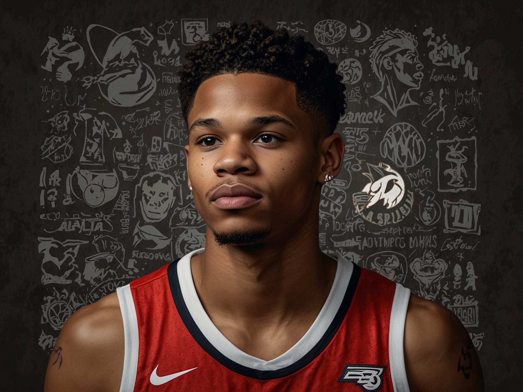 Graphic of Dejounte Murray in an Atlanta Hawks jersey with a backdrop of multiple NBA team logos, symbolizing the trade rumors and potential interest from various teams.