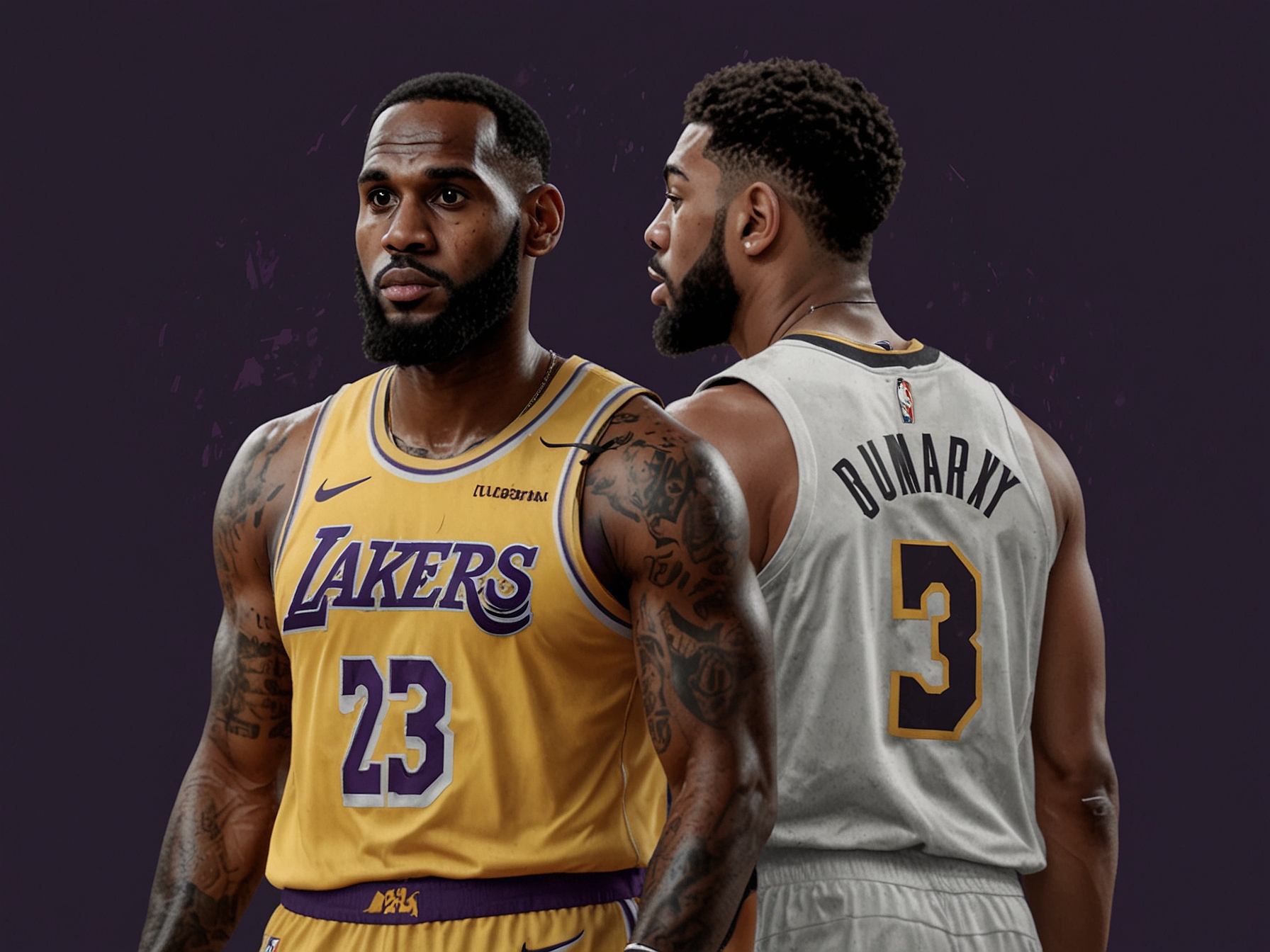 Image showing LeBron James and Anthony Davis in Lakers uniforms, with a ghosted figure of Dejounte Murray between them, highlighting the potential for Murray to join the Lakers.
