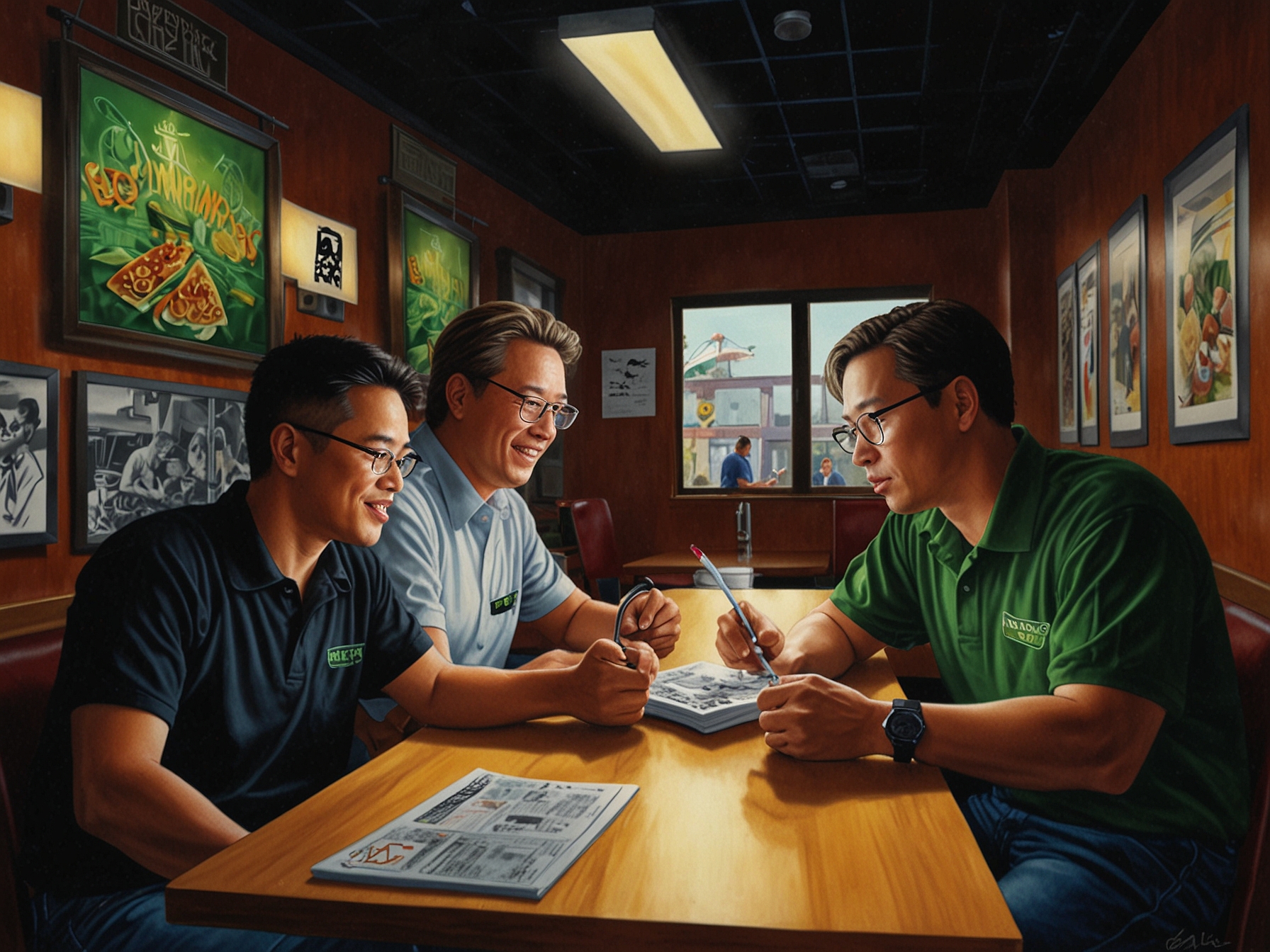 An illustration depicting Jensen Huang, Chris Malachowsky, and Curtis Priem conceptualizing Nvidia at a Denny's restaurant in 1993, symbolizing the company's innovative beginnings.
