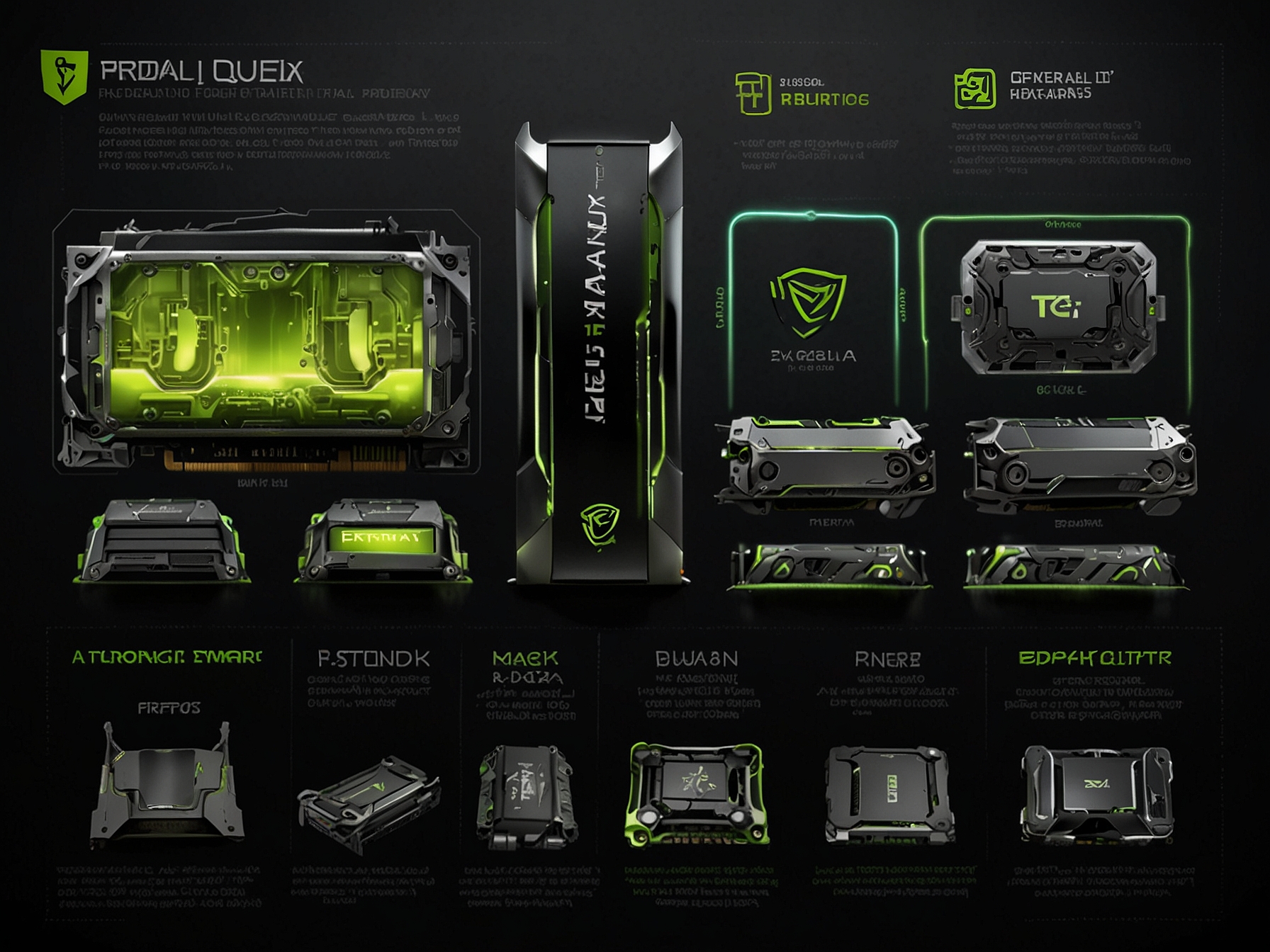 A composite image showcasing Nvidia's GPU technology evolution from gaming-focused GeForce cards to AI-optimized Tesla GPUs, highlighting advancements in computing power and AI applications.