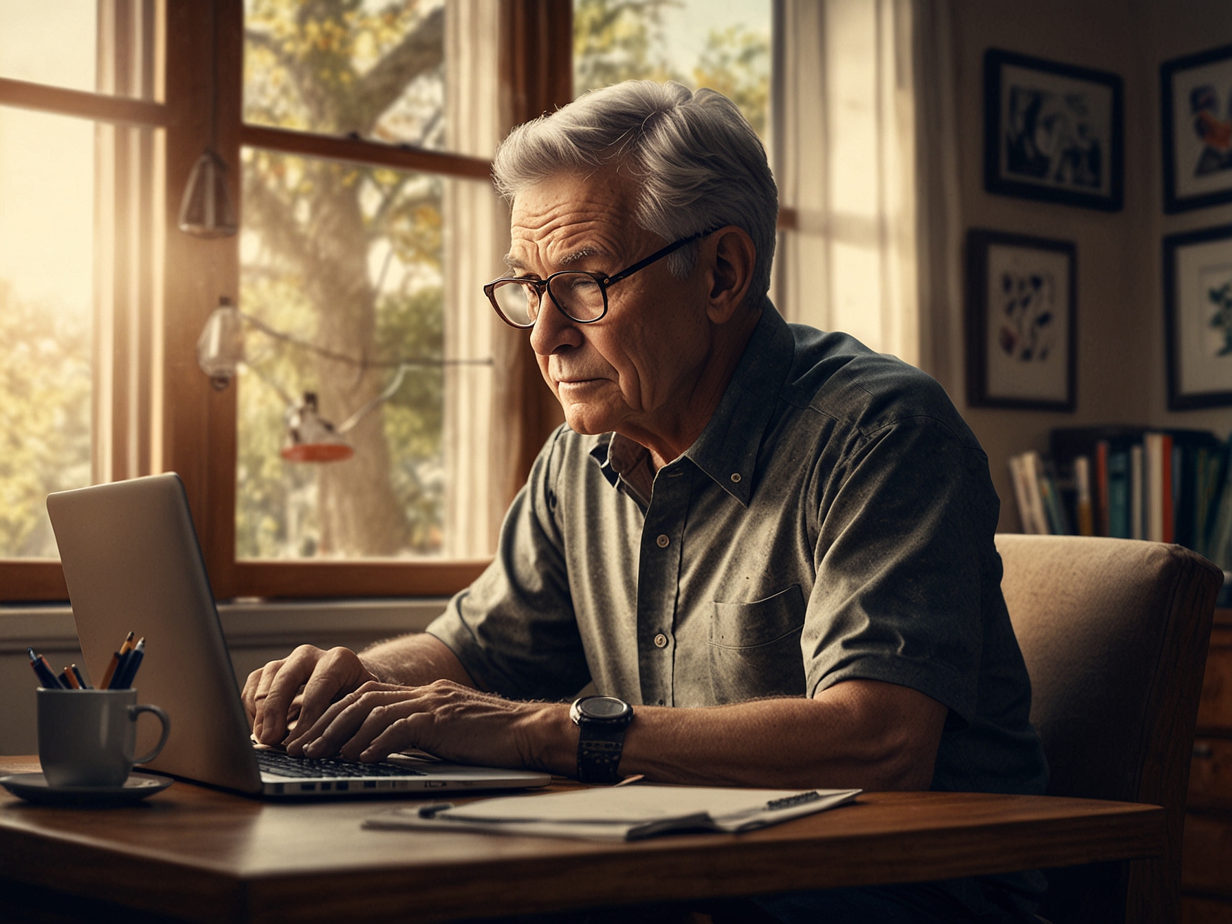 A Baby Boomer entrepreneur working on a laptop in a cozy home office. This image represents the rising trend of older adults starting their own businesses and consulting.