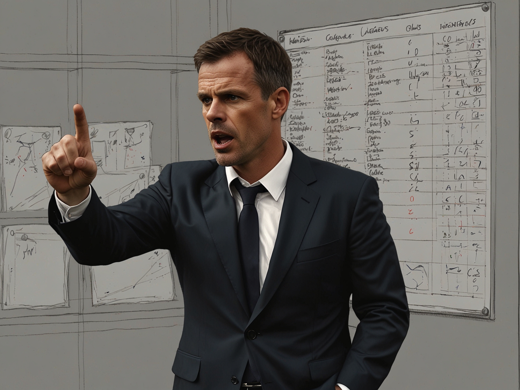 Jamie Carragher passionately analyzing England's tactical setup, pointing to a tactical board indicating proposed changes in player positions and formations.