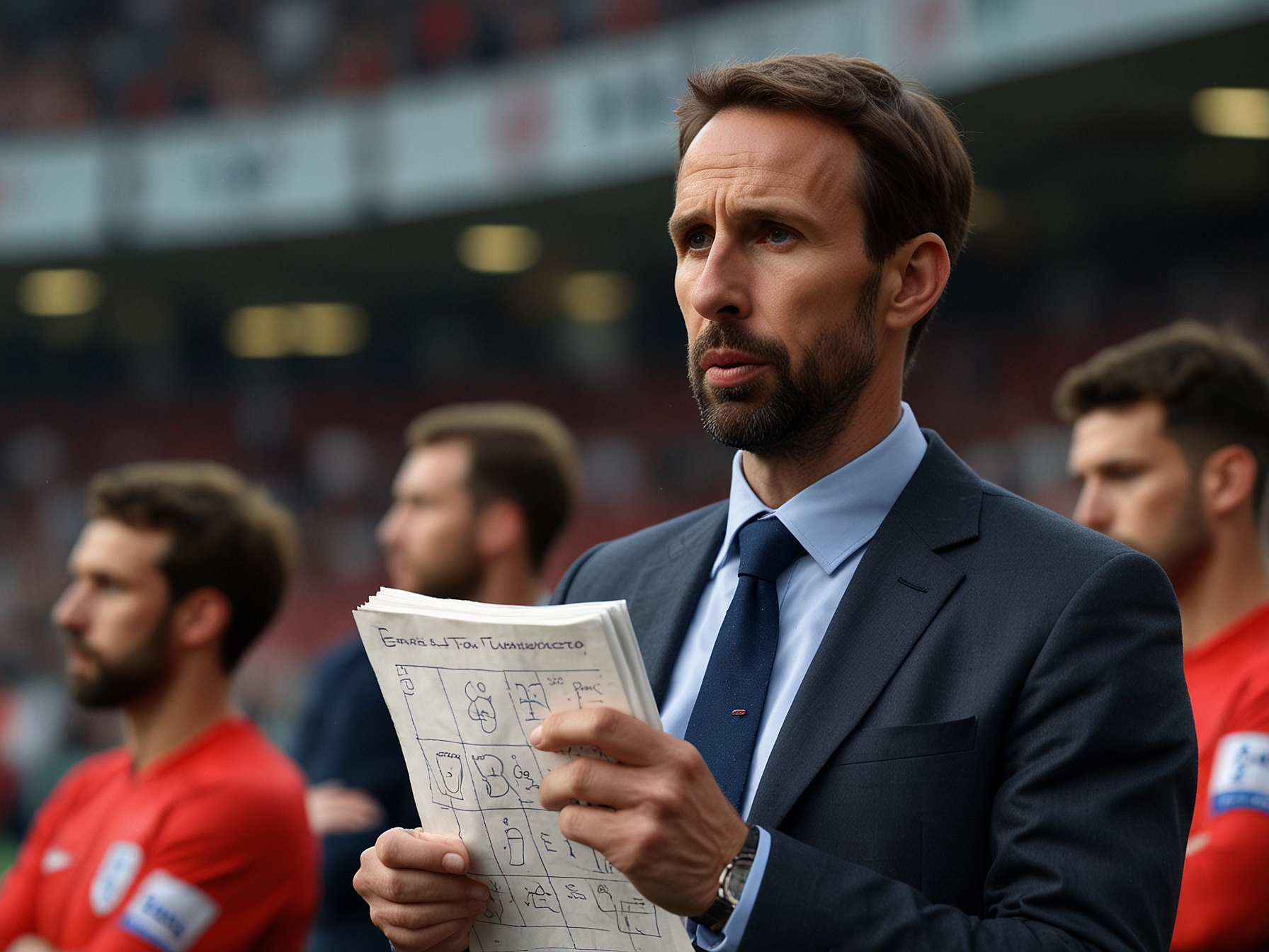 Gareth Southgate on the sidelines during an England match, contemplating team strategy while holding a notepad, capturing the essence of managerial decision-making.