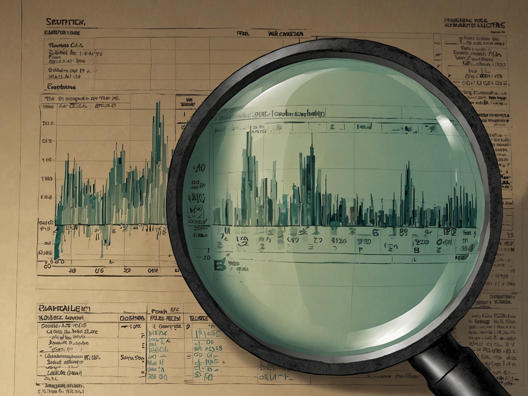 A magnifying glass over financial statements representing the scrutiny needed to look beyond the buzz and hype surrounding overhyped stocks like Company A, B, and C.