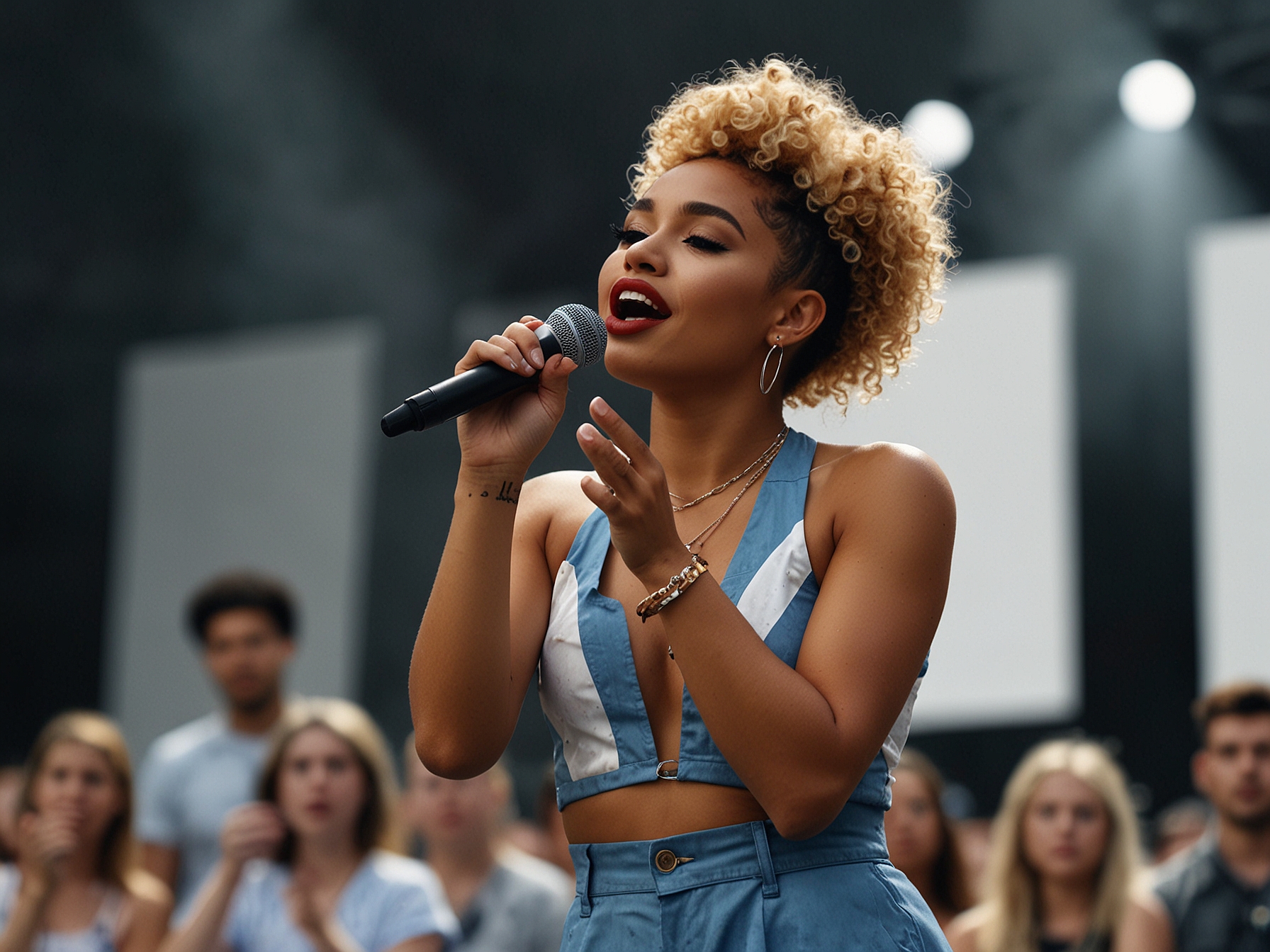 Raye on stage at Capital's Summertime Ball, addressing the audience with an emotional speech about her experience with sexual violence before performing her song 'Ice Cream Man'.