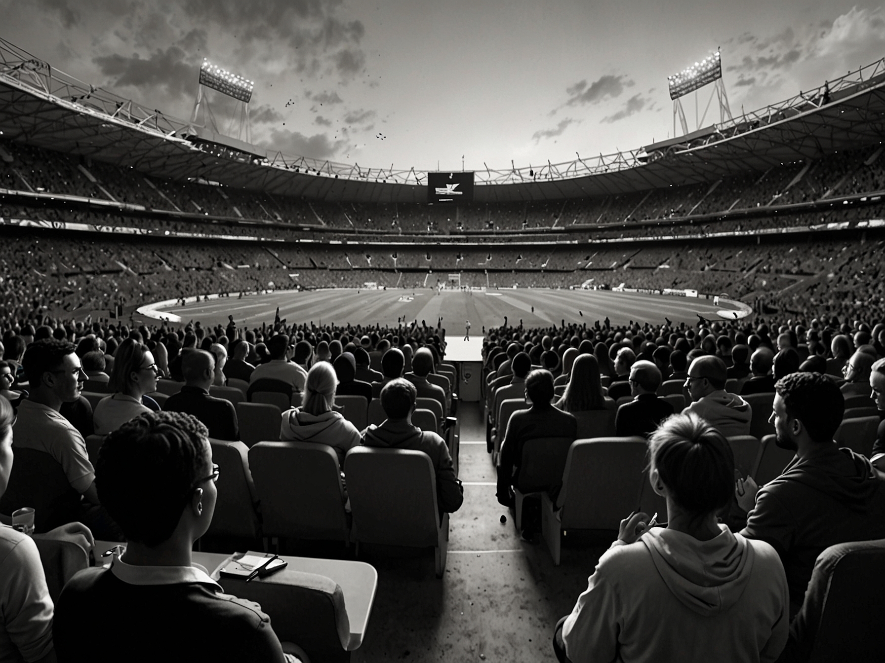 A wide-angle shot of Wembley Stadium filled with fans listening intently to Raye's powerful speech on sexual violence, capturing the emotional atmosphere and the gravity of the moment.