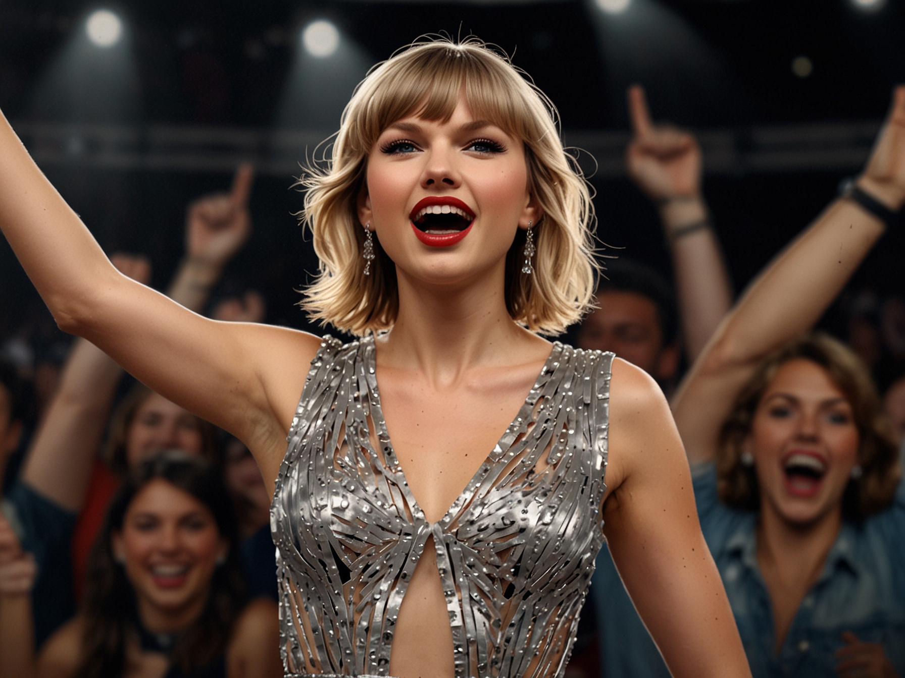 Taylor Swift on stage in London, mimicking Travis Kelce's iconic bow and arrow entrance move, capturing the audience's excitement and celebrating their relationship.