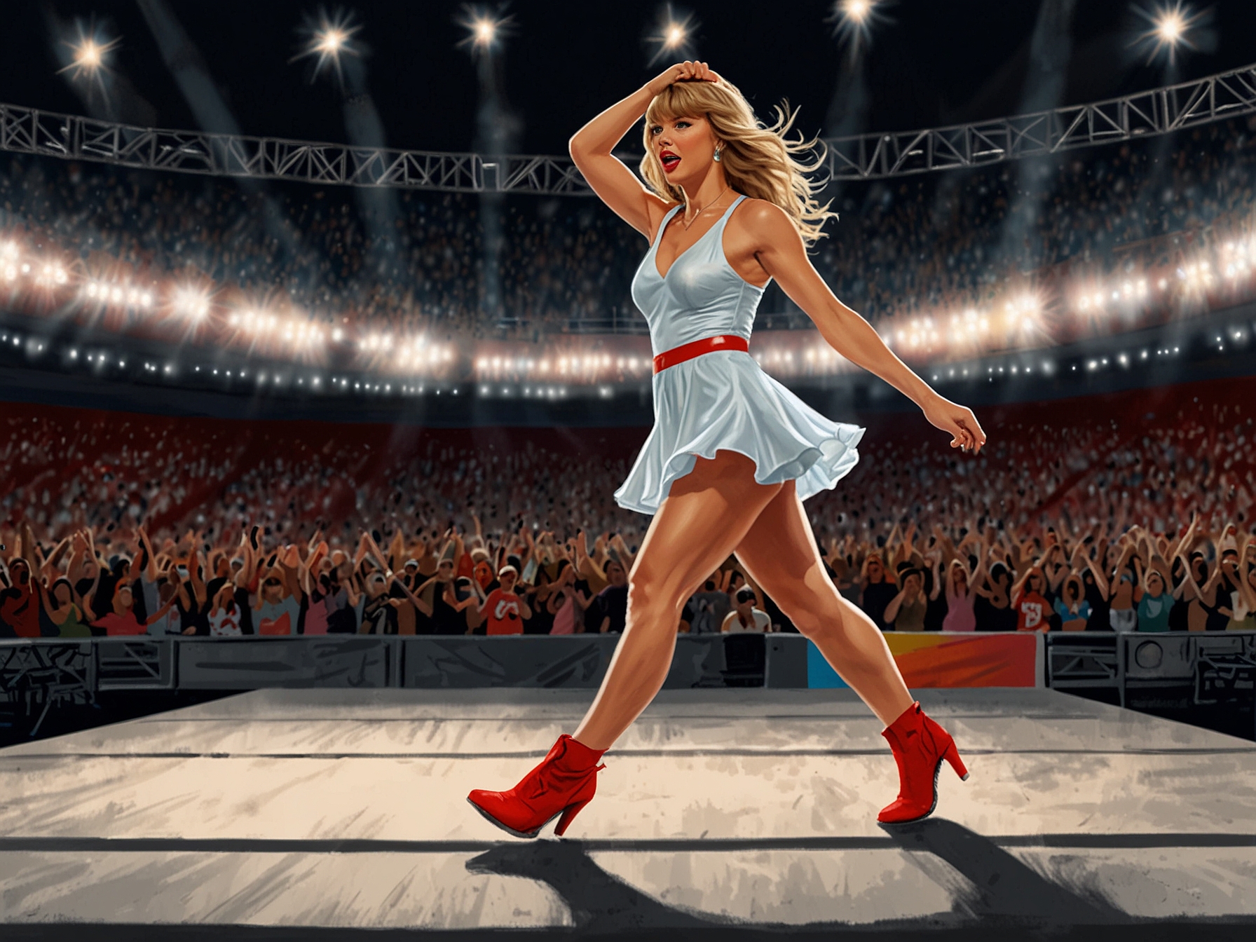 A view of the concert stage set up with bleachers, as Taylor Swift delightfully recreates NFL star Travis Kelce’s entrance, blending her musical performance with personal affection.