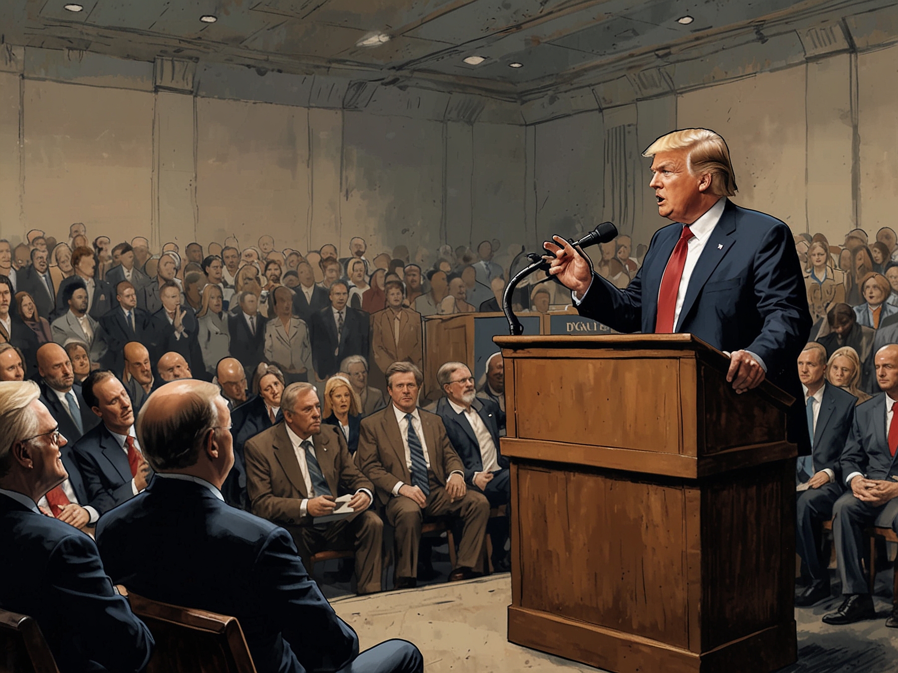 An illustration of Donald Trump speaking at the Faith and Freedom Coalition conference, where he controversially suggested migrants should fight for sport, drawing attention from a mixed audience.