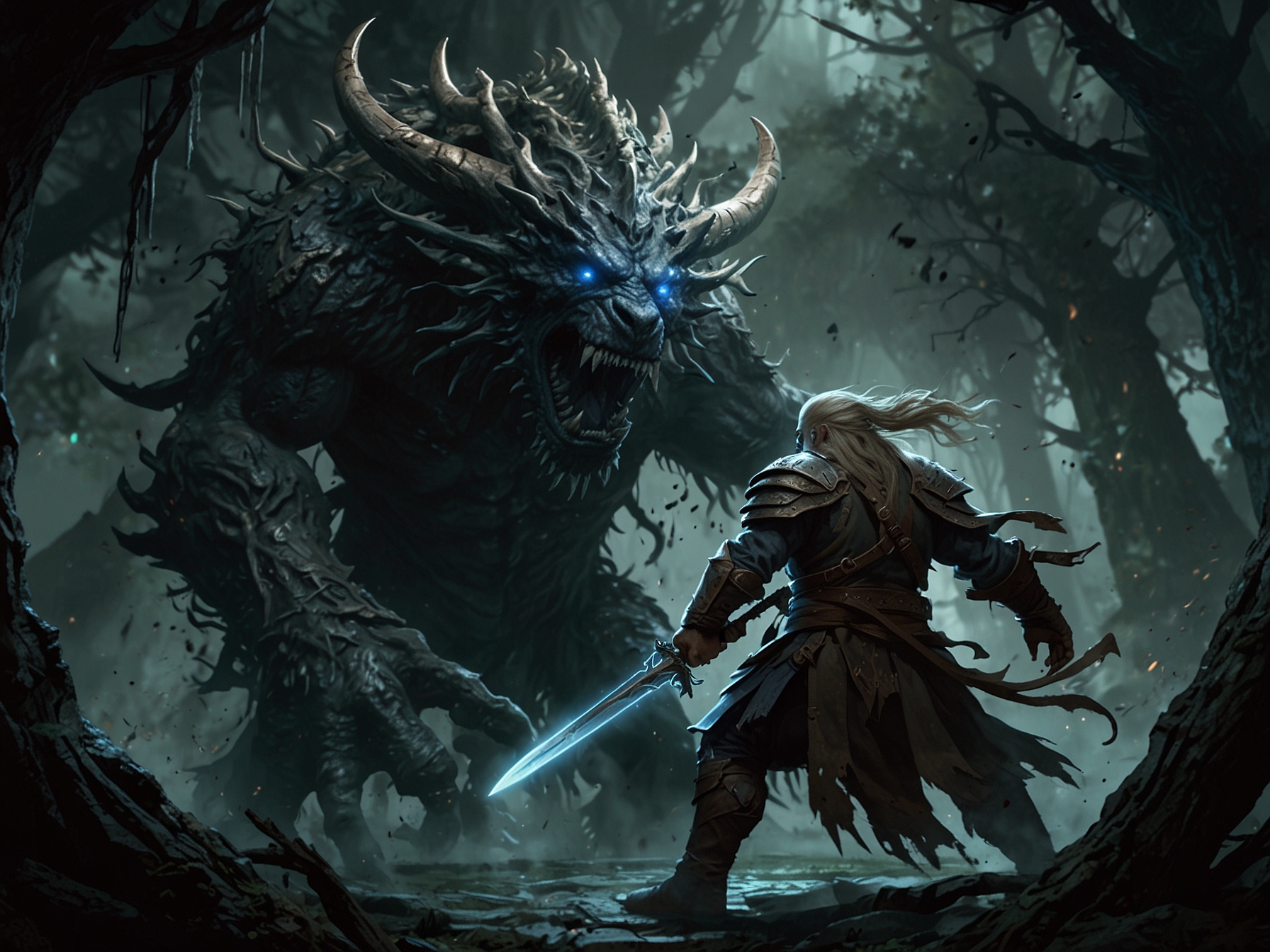 Illustration of a player character battling the Erdtree boss in Elden Ring, highlighting the boss's diverse and challenging attack patterns that require precise timing and quick reflexes.