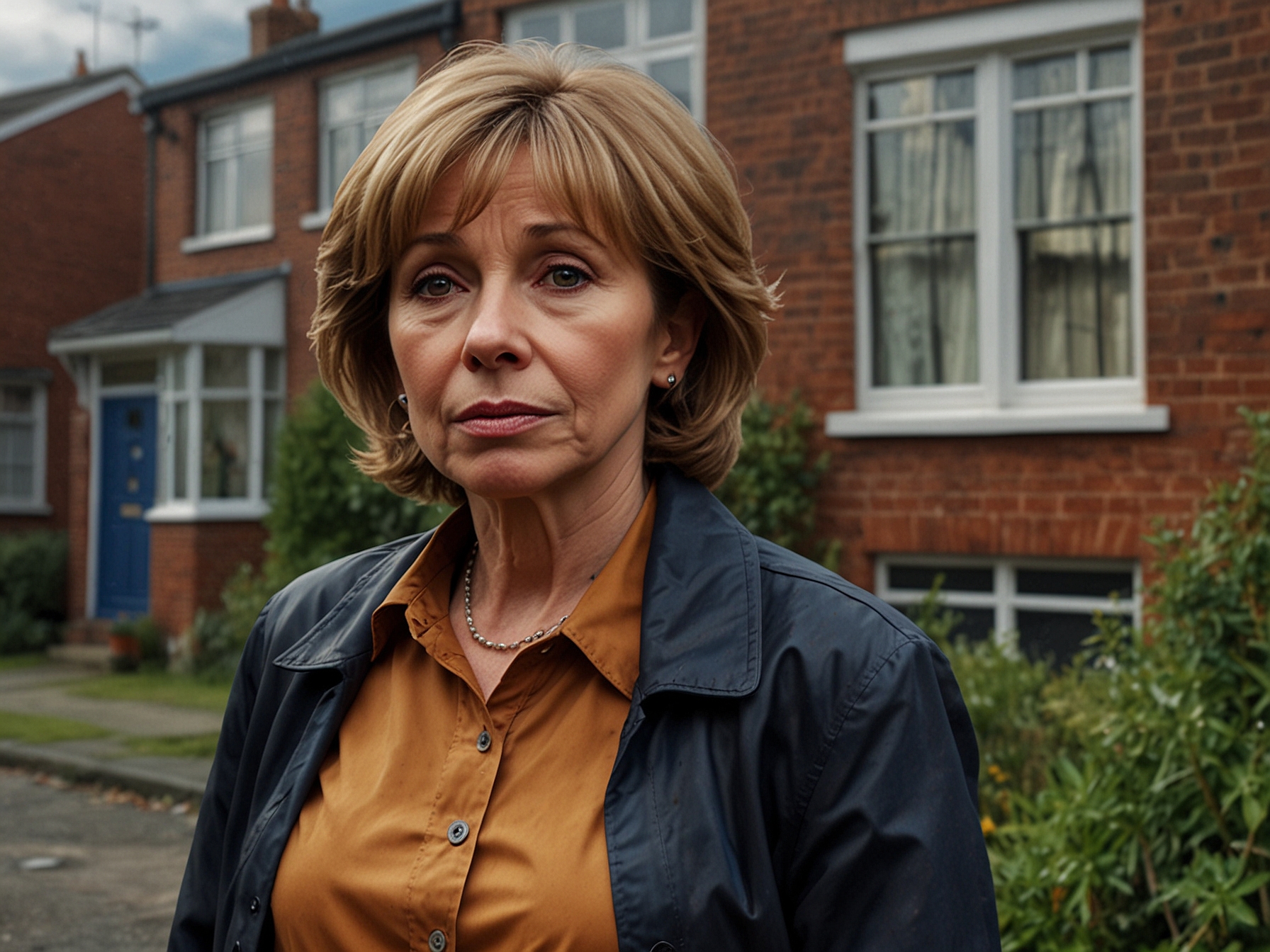 Gail Platt, the family matriarch, stands distraught outside their Weatherfield home, capturing the emotional weight of potentially losing the place they've called home for years.