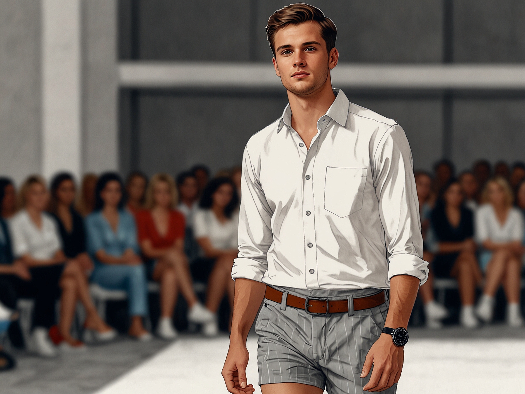 Paul Mescal confidently wearing short-shorts at a fashion show, paired with a button-down shirt, loafers, and mid-calf socks, epitomizing the bold new trend in men's fashion.