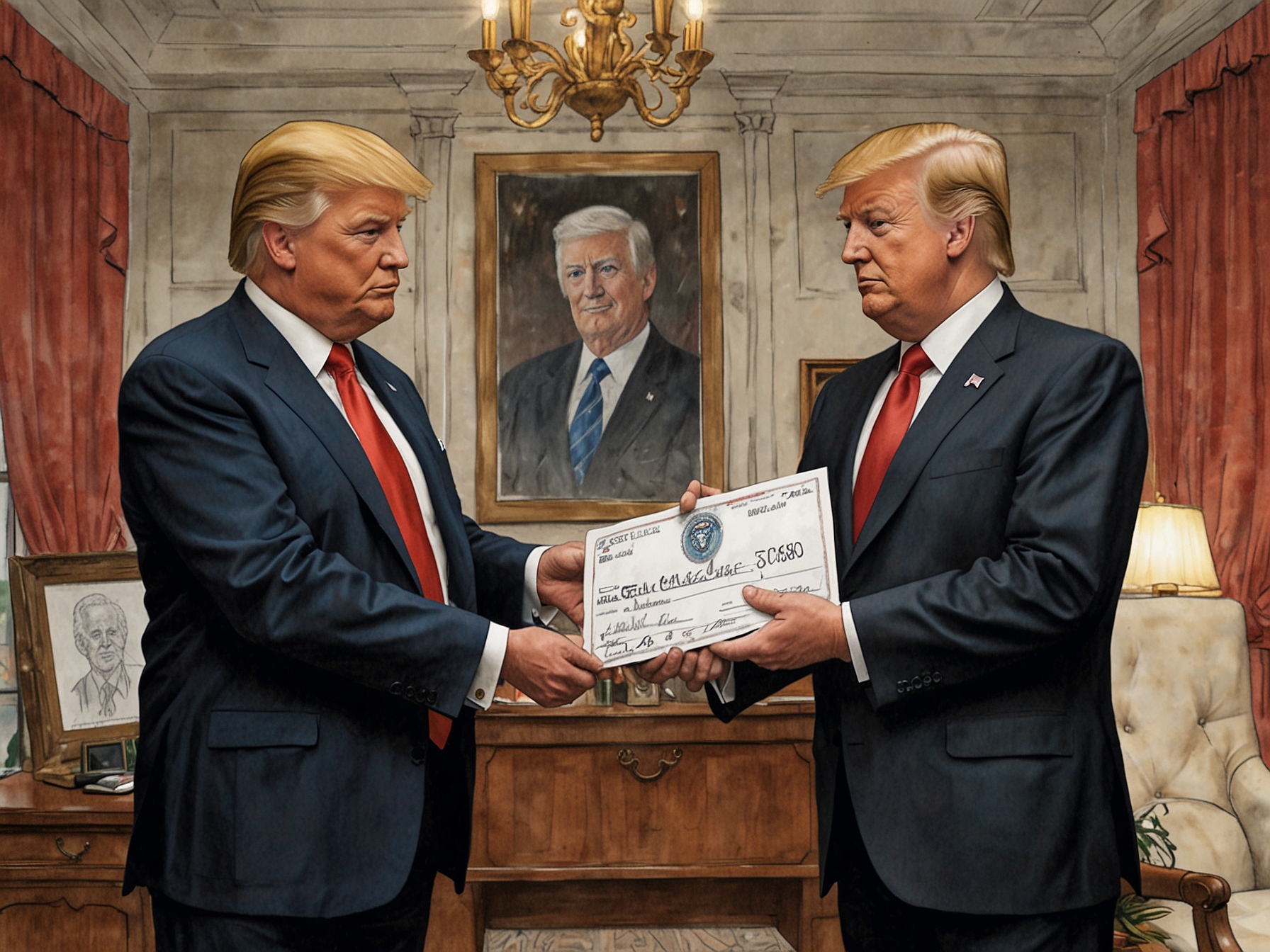 An image of Timothy Mellon handing over a large ceremonial check to a representative of the pro-Trump super PAC, symbolizing his massive $50 million contribution to support Trump's campaign.