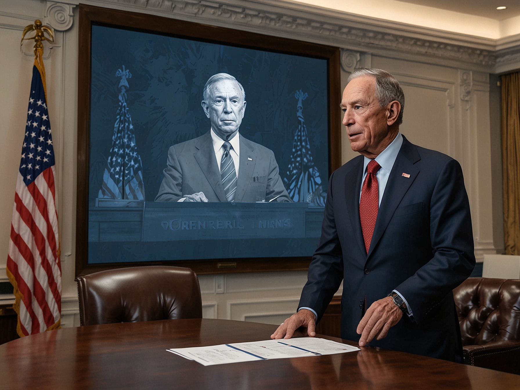A photo of Michael Bloomberg in a conference room, formally presenting his $20 million donation to President Biden's campaign team, emphasizing the financial battle between the two political parties.
