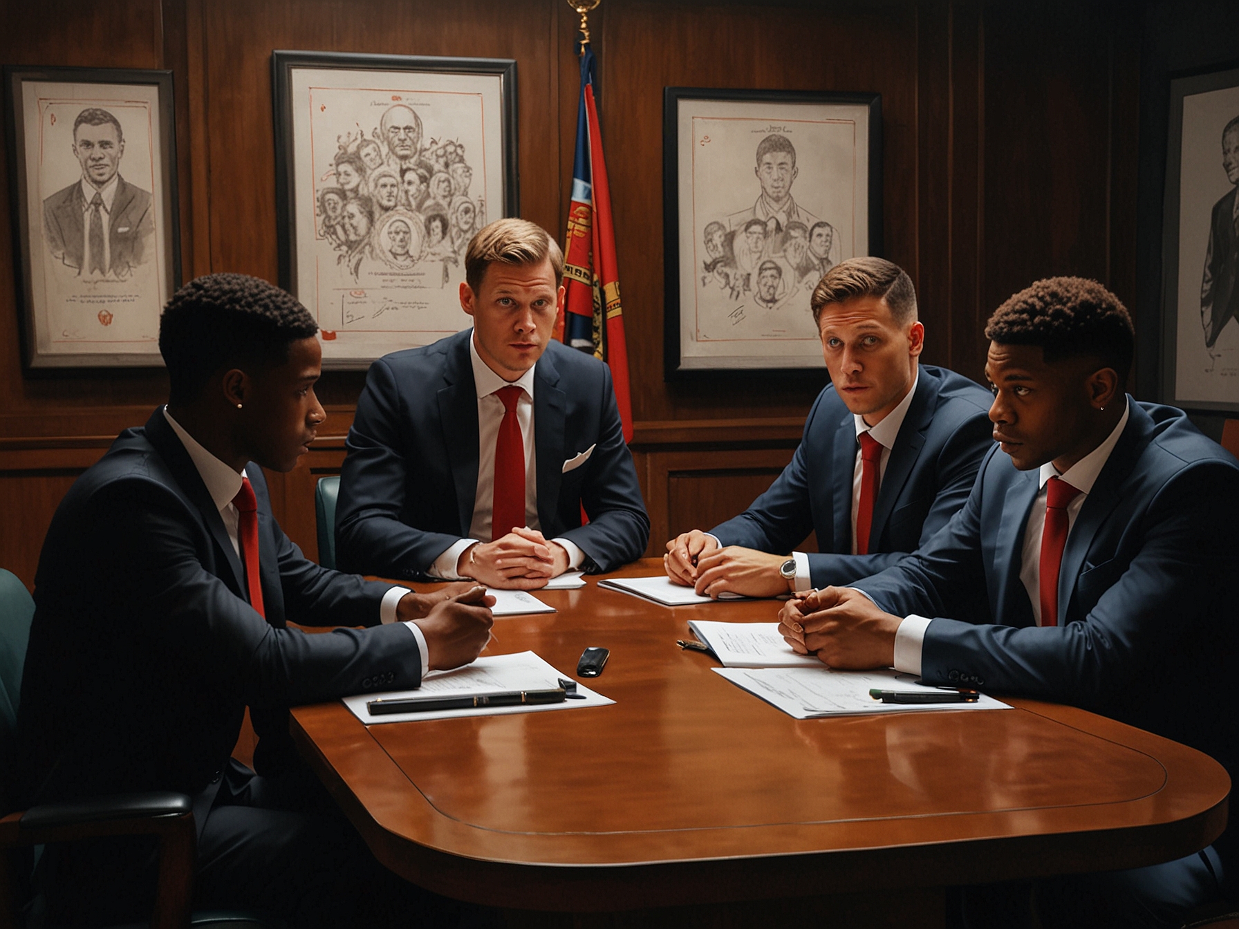 A detailed negotiation table with representatives from Manchester United and OGC Nice discussing the potential transfer of Jean-Clair Todibo, highlighting the complex co-ownership rules.