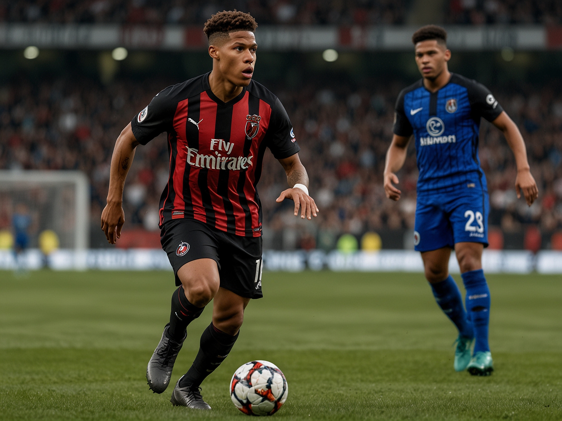 Jean-Clair Todibo on the pitch playing for OGC Nice, showcasing his defensive skills and tactical intelligence, attributes that have attracted interest from Manchester United.