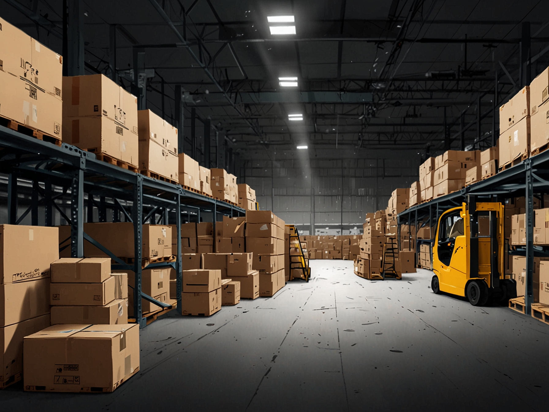 A busy warehouse with boxes labeled On Holding delayed due to supply chain disruptions, symbolizing the ongoing logistical challenges affecting product availability and customer satisfaction.