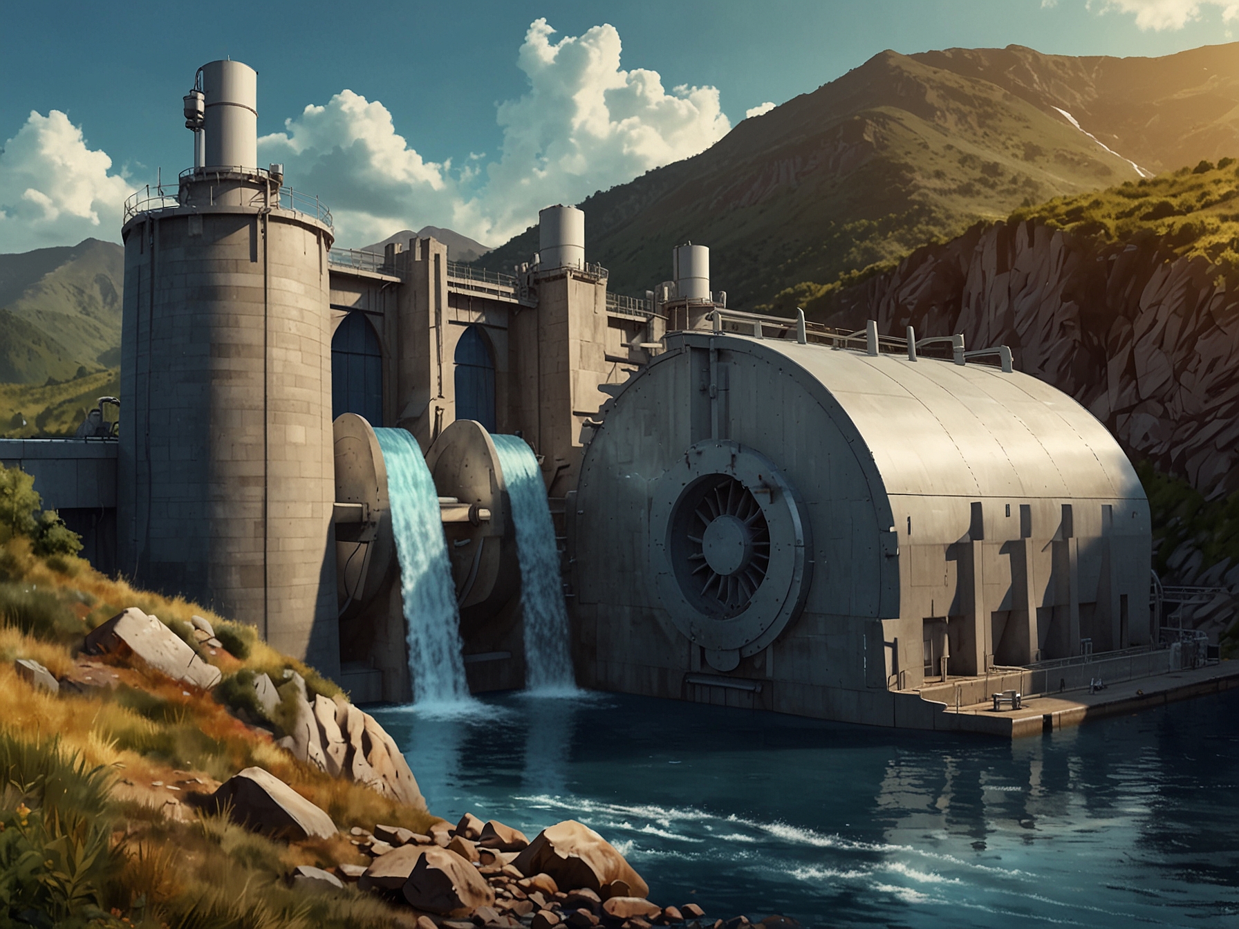 An illustration of a hydropower plant, representing NHPC's core business and its importance in the renewable energy sector, attracting investor interest.