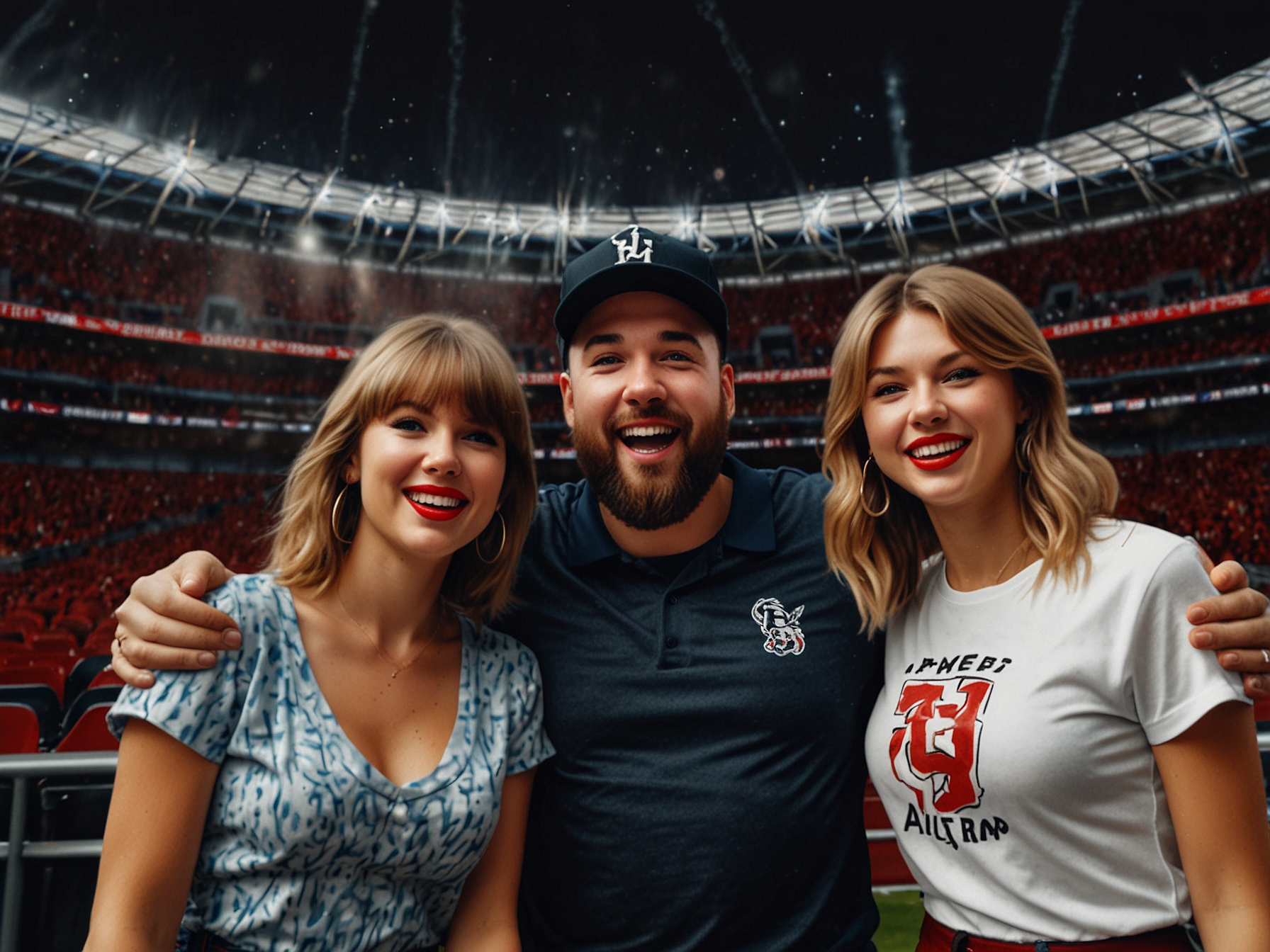 The Kelce family at Wembley Stadium, visibly excited and engaged, soaking in the vibrant atmosphere of Taylor Swift's Eras Tour with Jason donning official tour merchandise.
