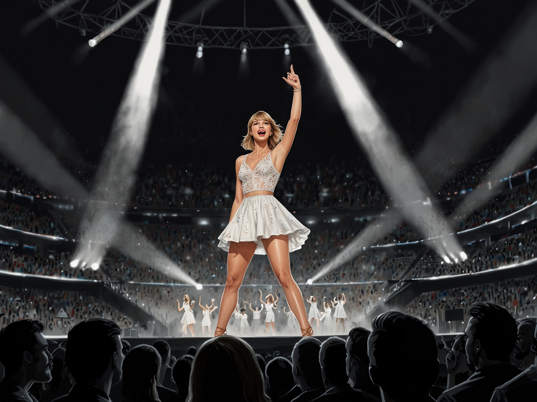 Taylor Swift performing at Wembley with richly choreographed visuals and dynamic stage presence, captivating an audience that includes the enthusiastic Kelce brothers and their fans.