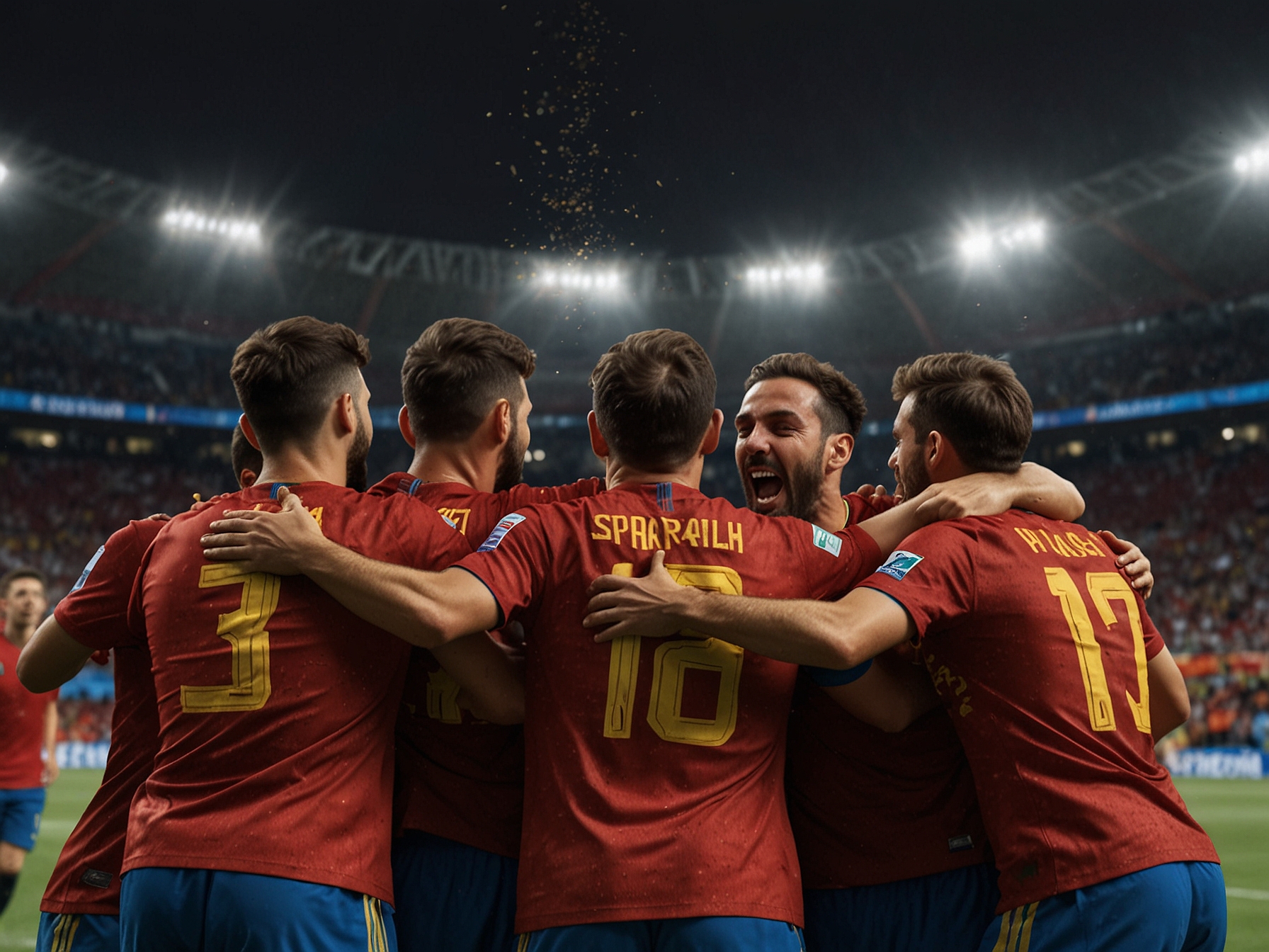 Spain's players celebrate their narrow 1-0 victory over Italy, solidifying their place in the last 16 of Euro 2024. The image captures the ecstatic moment following their decisive goal in the first half.