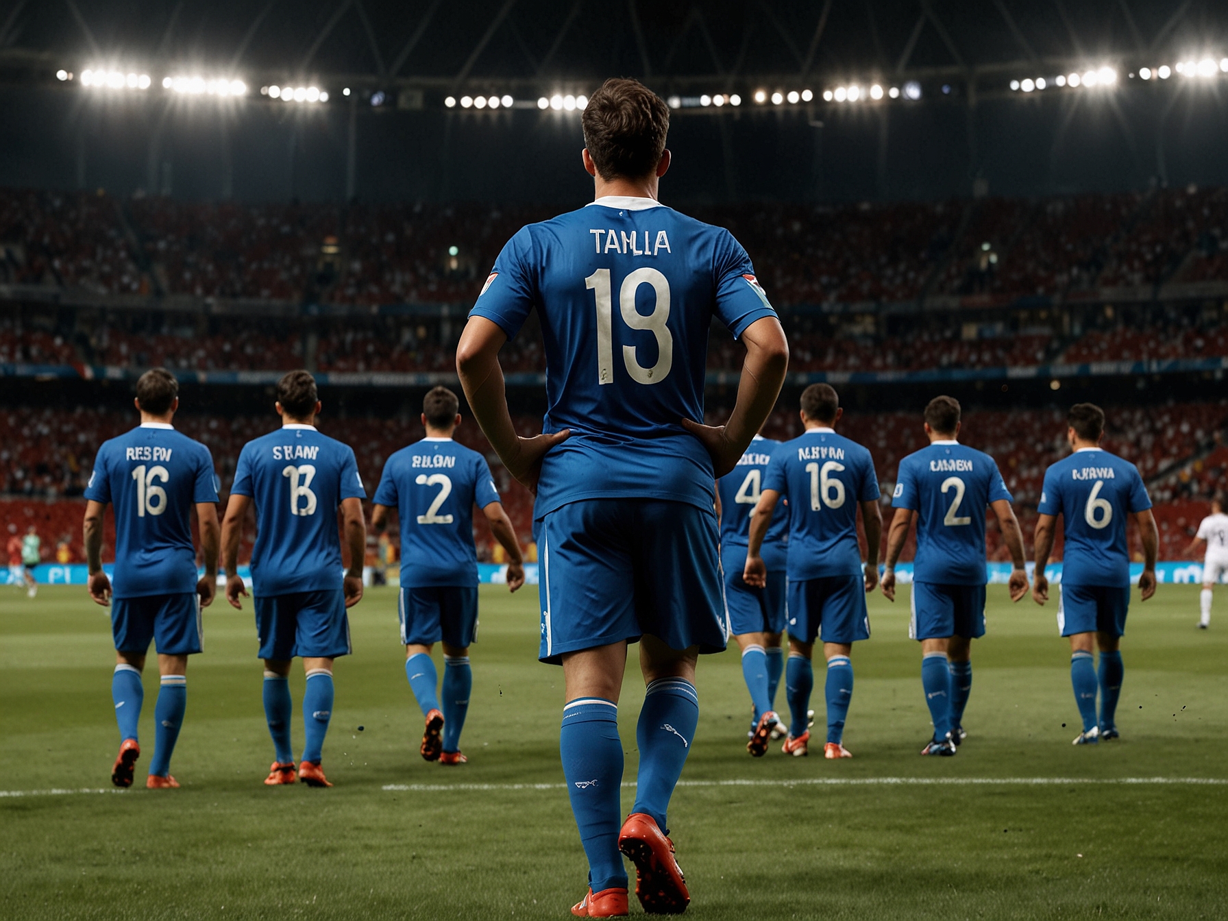Dejected Italian players walk off the pitch after a tough 1-0 loss to Spain. Despite their valiant efforts, they were unable to penetrate Spain's robust defense, putting them in a precarious position in Group B.