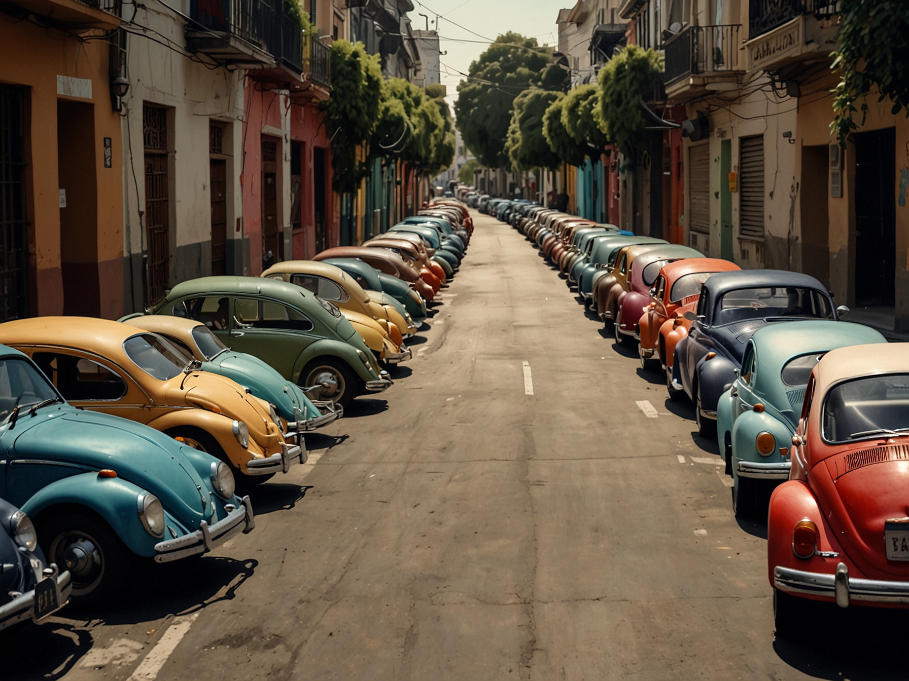 Rows of meticulously maintained Volkswagen Beetles line the streets of a Mexico City neighborhood, reflecting the diverse personalities of their owners and the community’s commitment to preserving the iconic car.