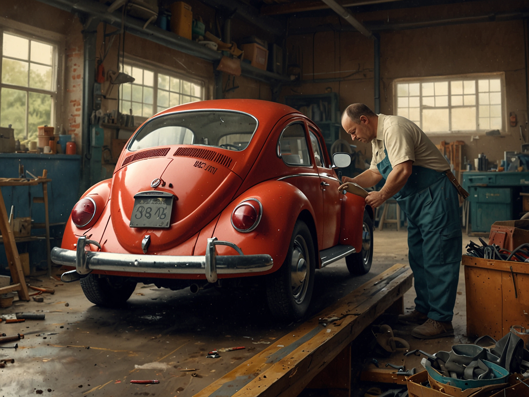 A local mechanic expertly works on a Volkswagen Beetle, highlighting the skilled craftsmanship and dedication of the community in keeping these classic cars roadworthy and visually appealing.