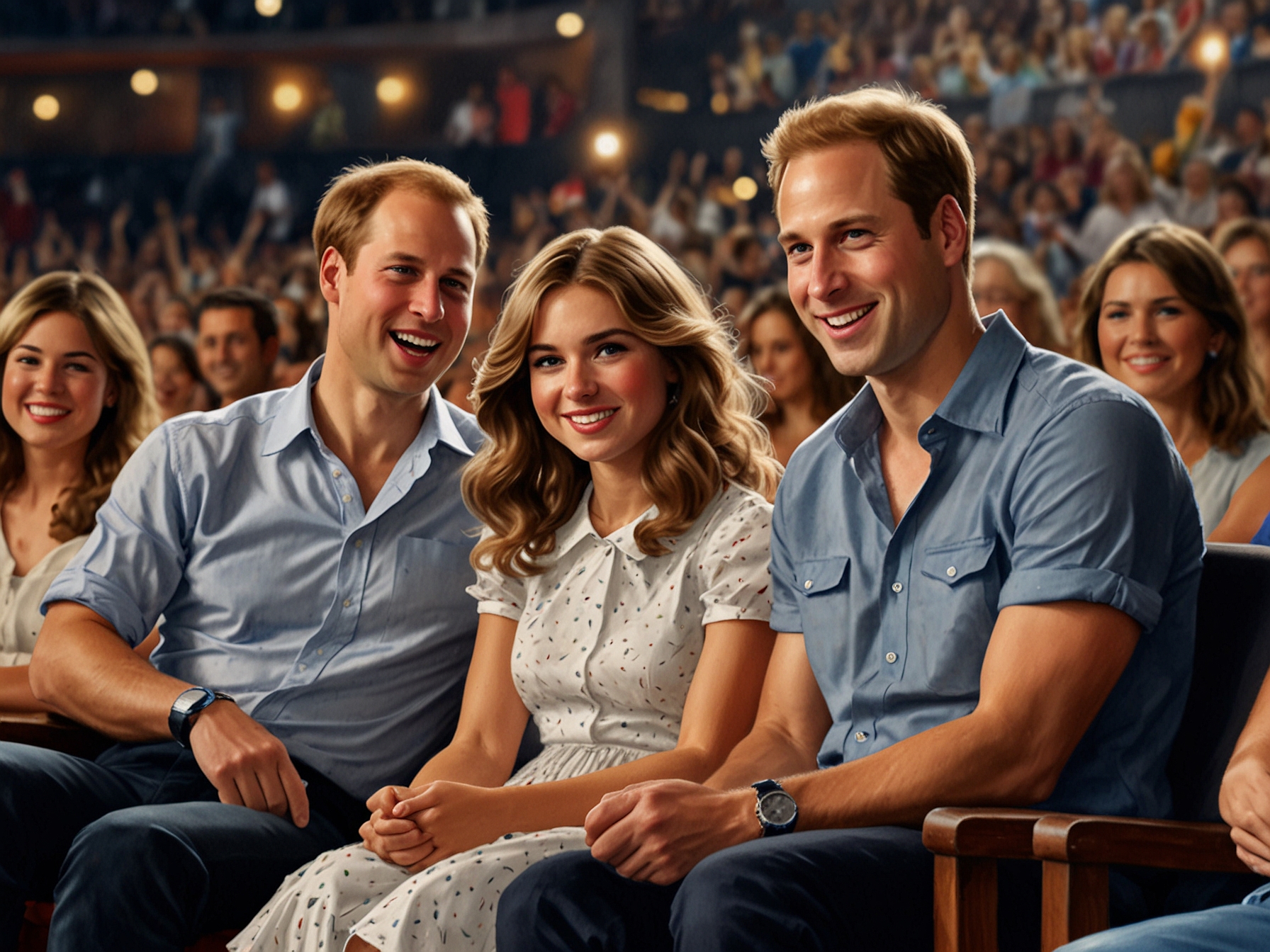 Prince William and his children, Prince George, Princess Charlotte, and Prince Louis, enjoying Taylor Swift's concert, blending in with the enthusiastic crowd, dancing and singing along.