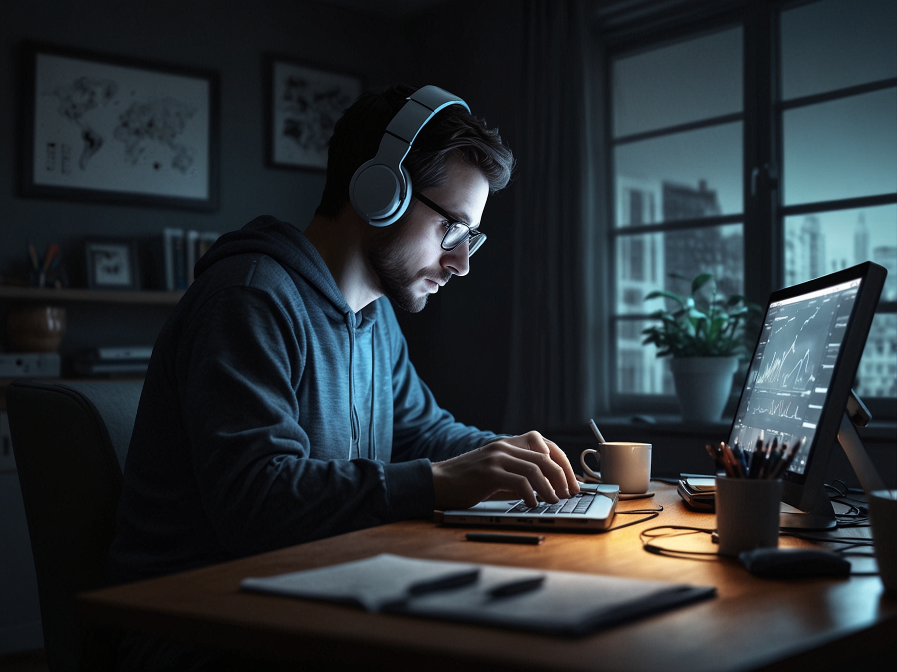 An image depicting a person working from home with multiple electronic devices, highlighting the increased energy usage due to the remote work trend accelerated by the pandemic.