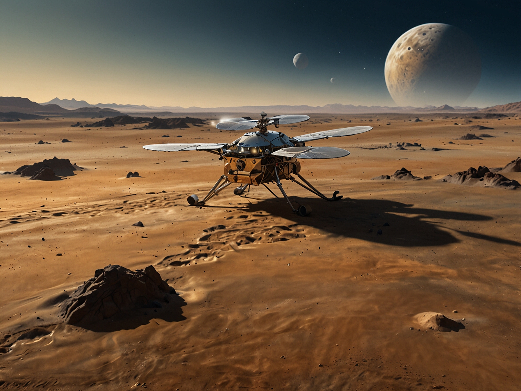 A depiction of NASA's Dragonfly rotorcraft lander exploring Titan's lakeshores, dunes, and craters, analyzing sediment transport and organic chemical interactions influenced by wave activity.