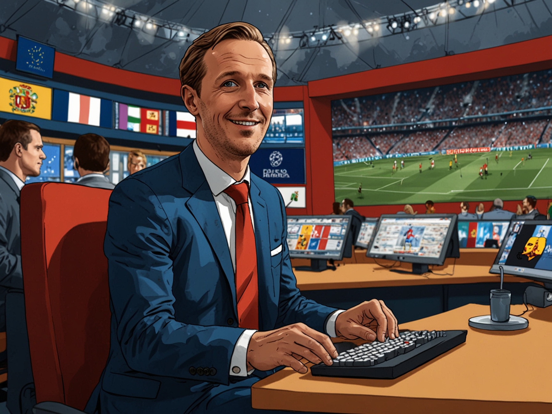 A viewer's perspective shows the BBC's EUROS coverage, blending football analysis with humor and playful banter, illustrating the broadcasters' attempt to modernize sports commentary.