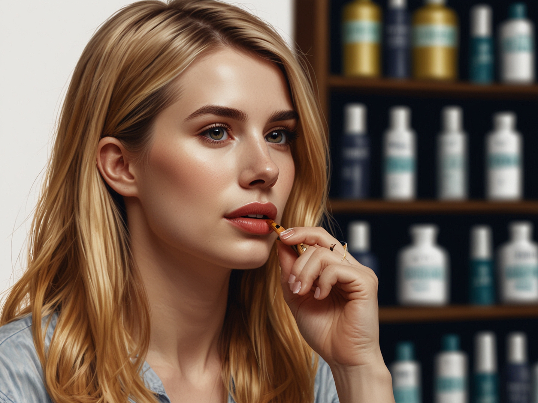Emma Roberts applying her recommended hair serum to keep her long, luscious blonde hair healthy. The image captures her consistent routine and dedication to hair care.