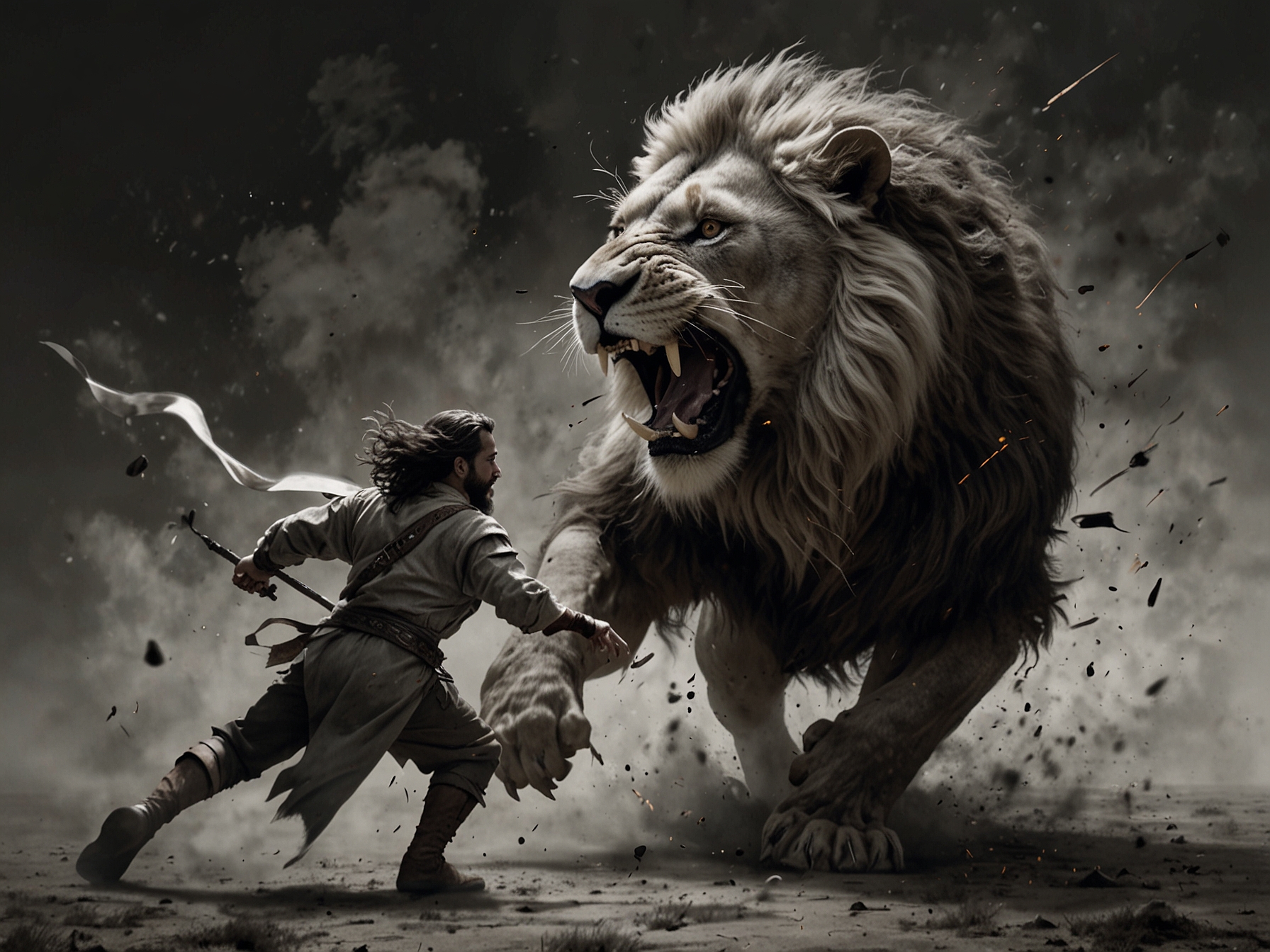 An intense battle scene featuring the Divine Beast Dancing Lion lunging towards the player, showcasing the beast's agility and the player's strategic dodge maneuver to avoid the attack.