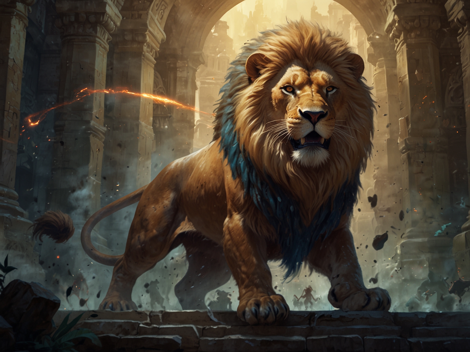 A visual of a ranged player using spells against the Divine Beast Dancing Lion, emphasizing the advantages of distance and mobility while avoiding the beast's devastating area-of-effect attacks.