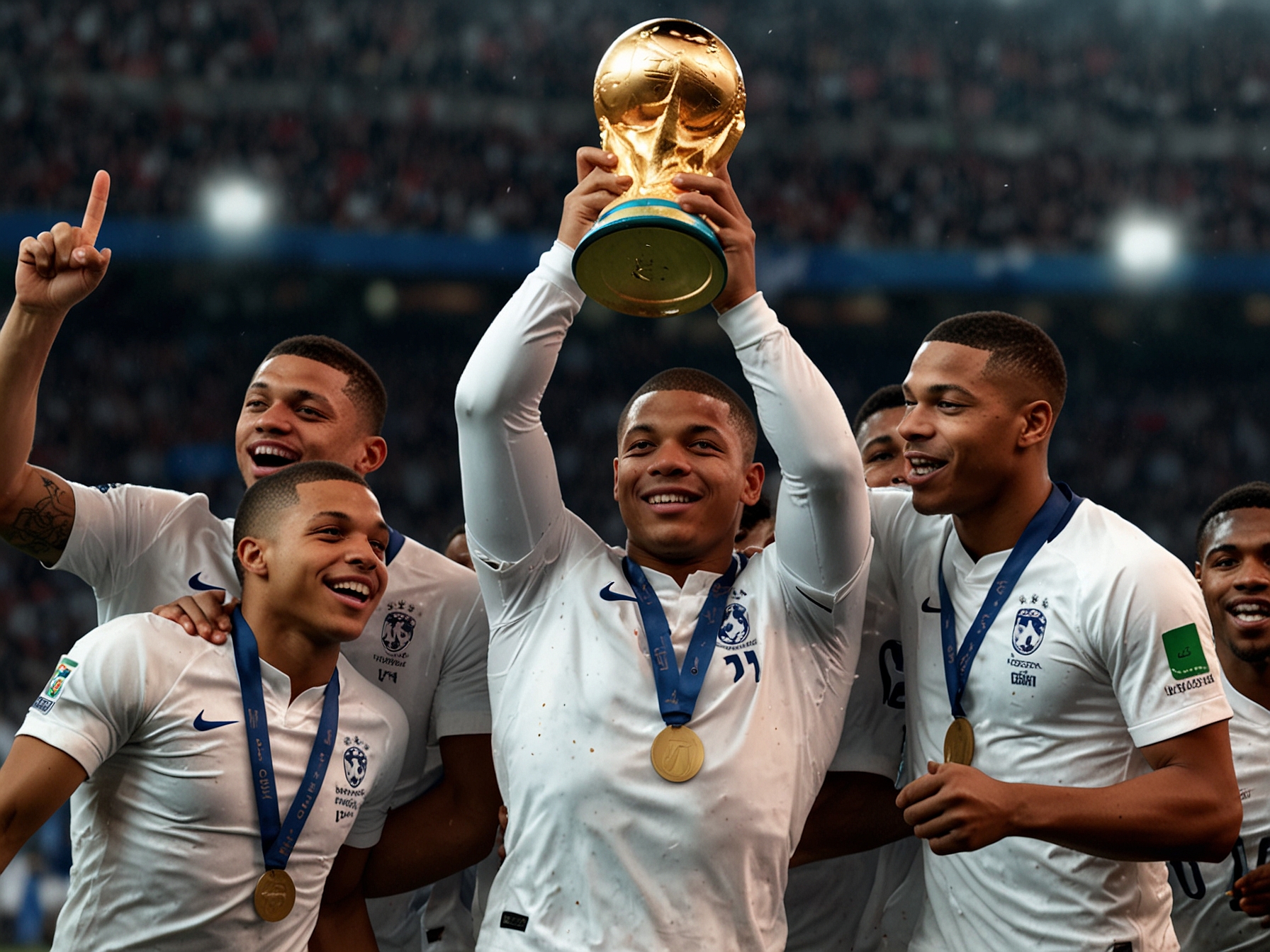 A depiction of Kylian Mbappe lifting the World Cup trophy with his French teammates in 2018, highlighting his pivotal role and remarkable goal in the final against Croatia.