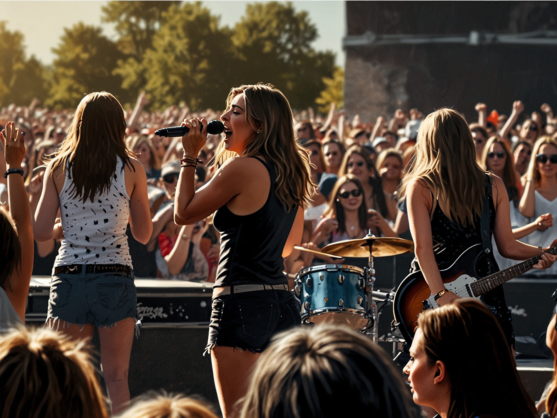 The Beaches, the all-girl rock band, performing live on stage at the Rogers Festival in Edmonton. Fans cheering and enjoying the gritty, vibrant rock vibes.