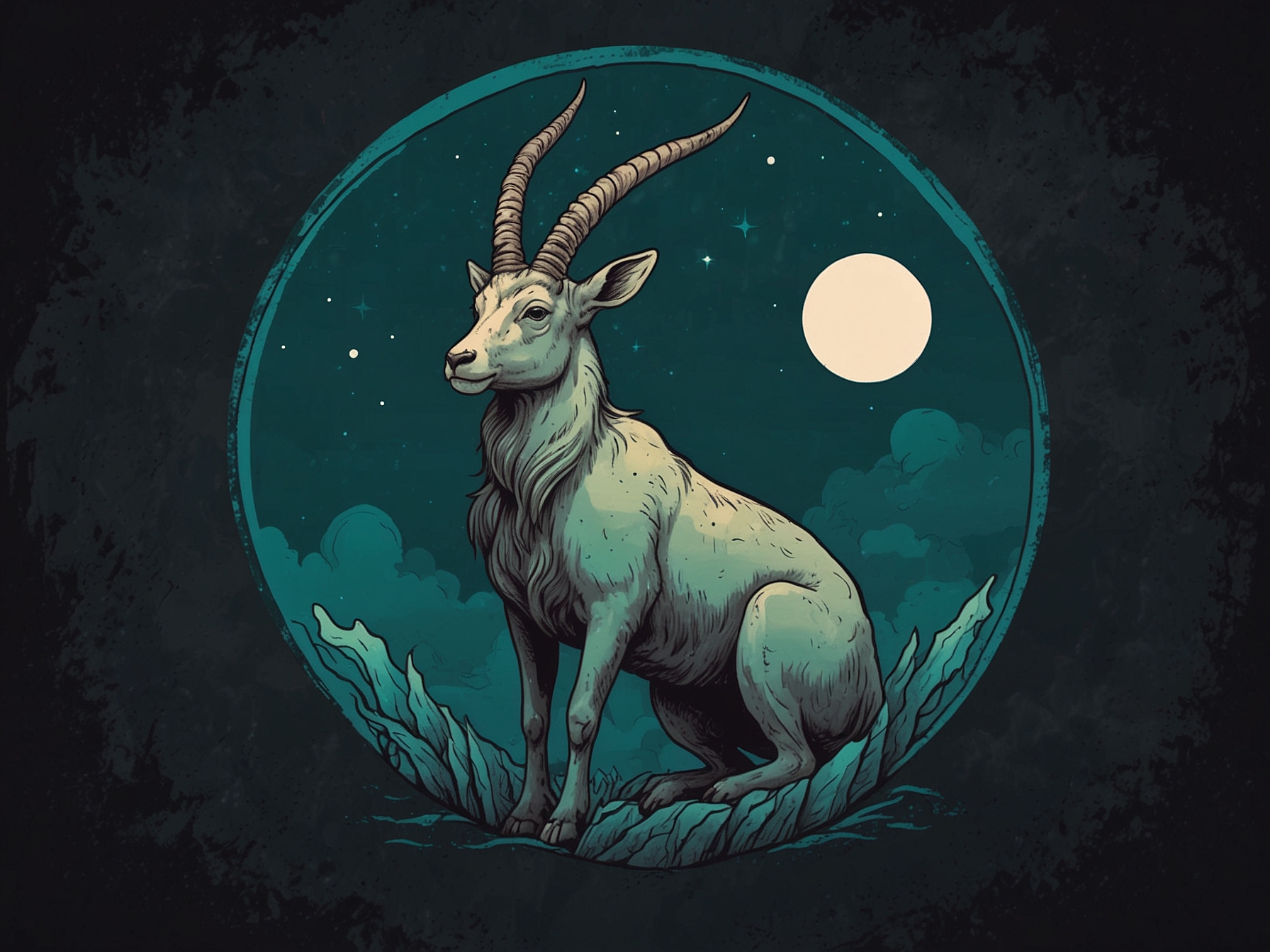An illustration of a Capricorn symbol with calm, tranquil background colors, emphasizing the need for the Capricorn to focus on personal well-being and self-care.