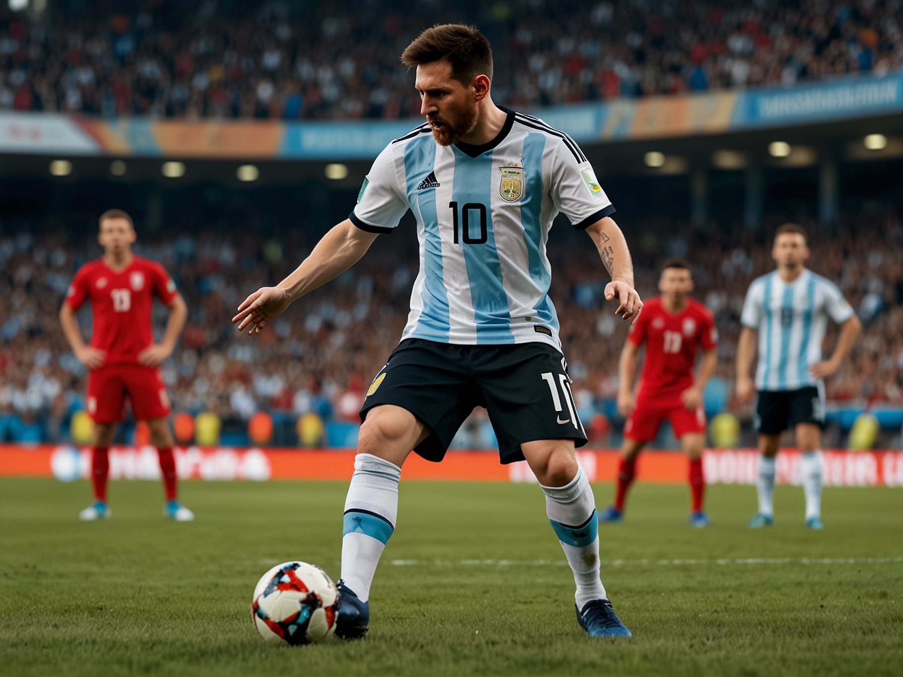 Lionel Messi takes a free-kick during Argentina's Copa América opener against Canada. The crowd watches in anticipation as Messi's skillful shot curls into the top corner, breaking the deadlock.