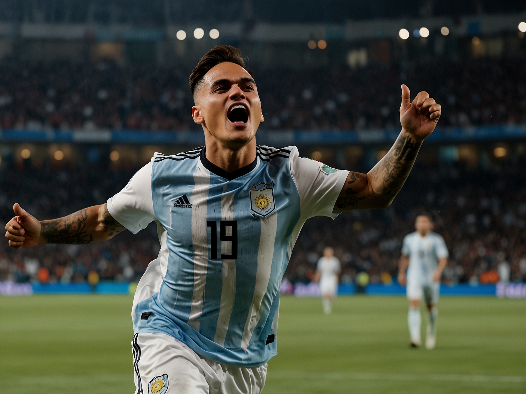 Lautaro Martinez celebrates after scoring the second goal for Argentina in a swift counter-attack. His clinical finish seals the 2-0 victory, with teammates joining in the jubilant moment.