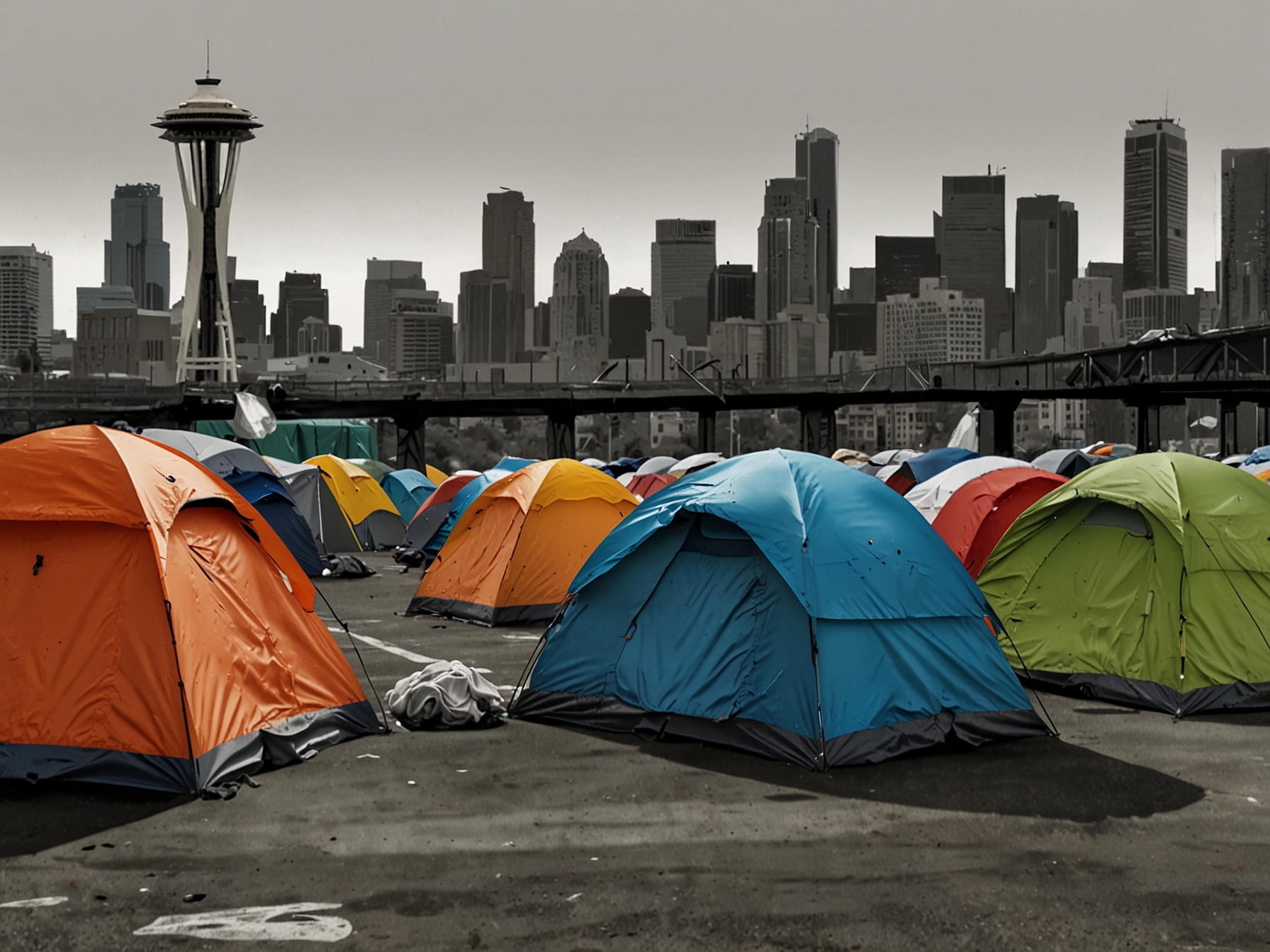 A homeless encampment in Seattle, illustrating the city's struggle with one of the highest homelessness rates in the nation and the potential impact of SCOTUS decisions on local policies.